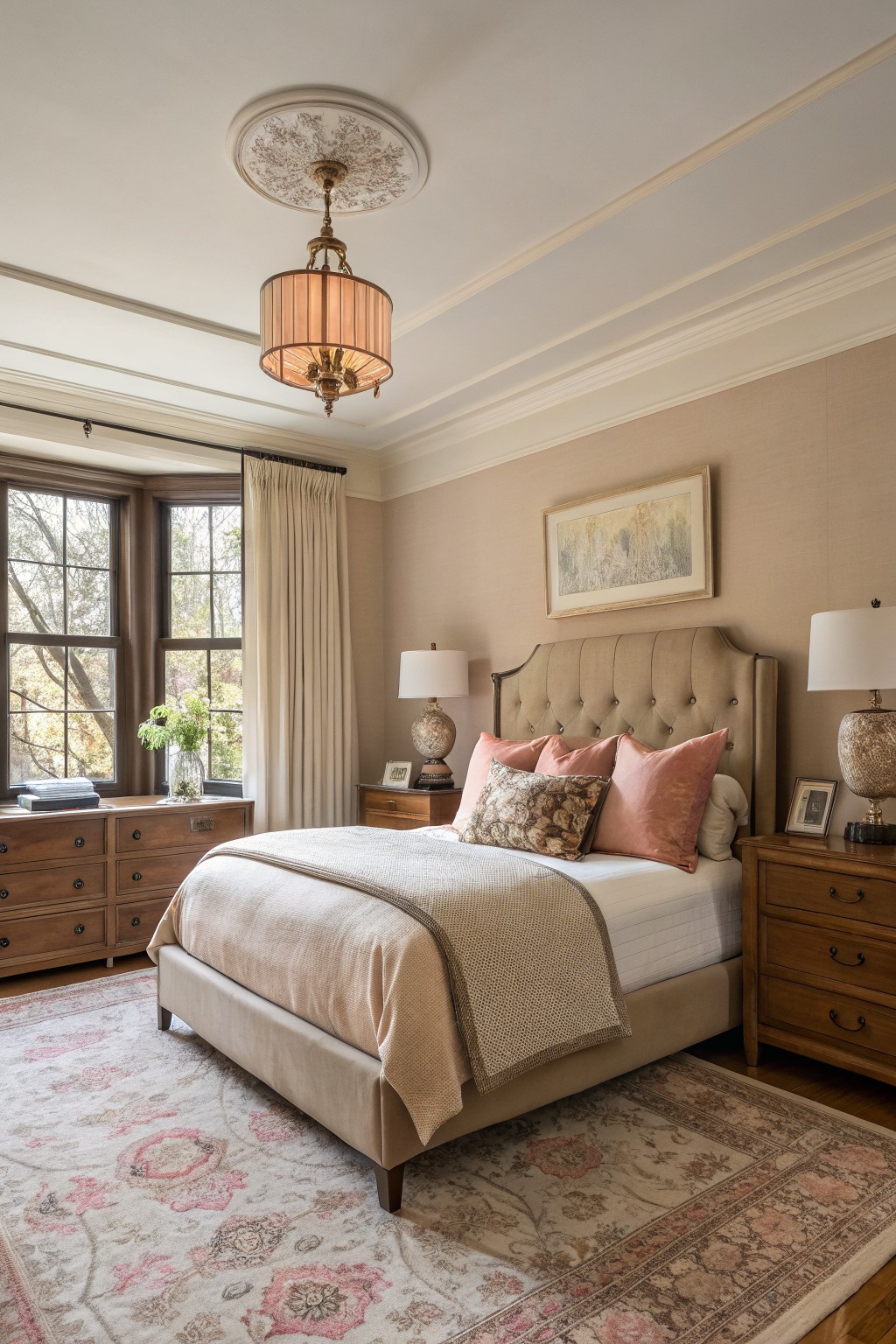 A bedroom with soft greige walls and wood furniture.
