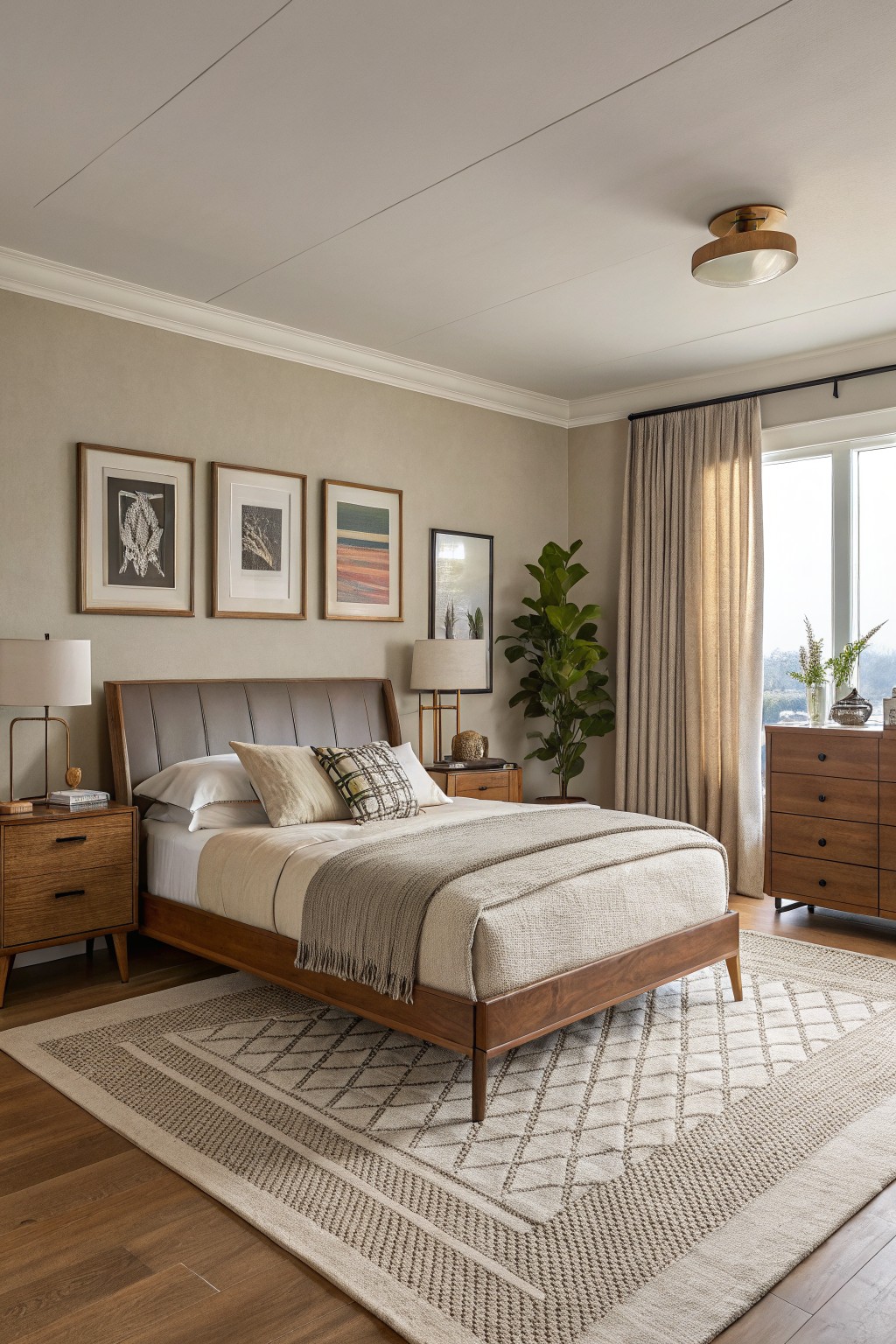 Light warm greige walls in a bedroom with wood furniture and flooring.