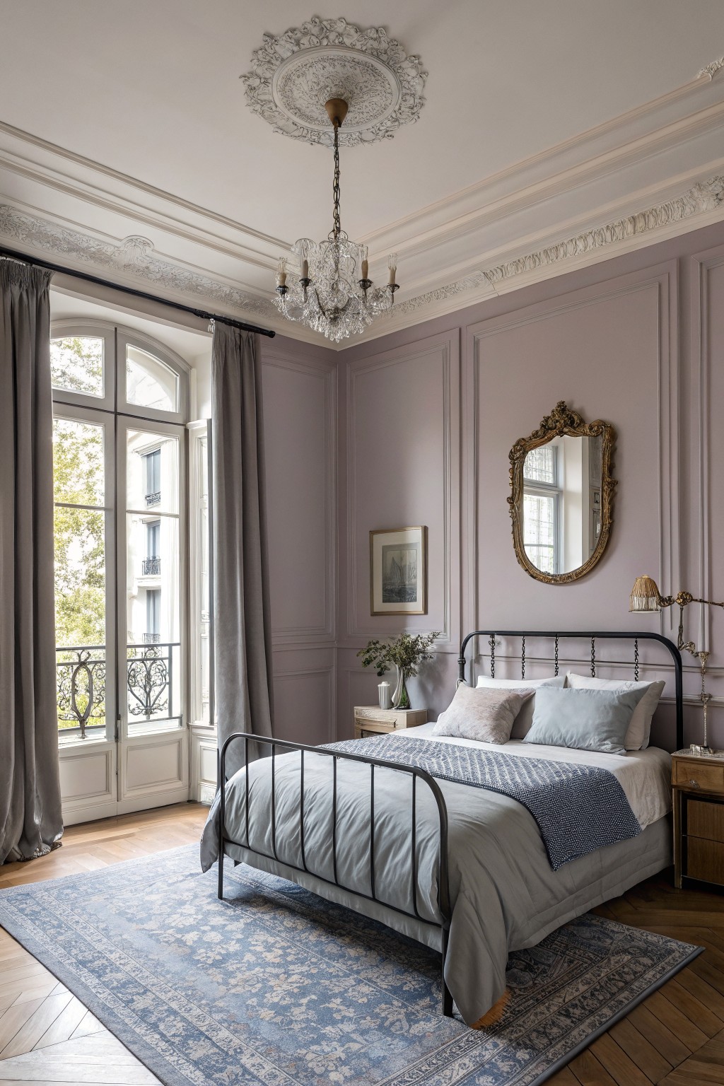 Elegant lavender bedroom with crystal chandelier, iron bed, ornate mirror, and blue rug.