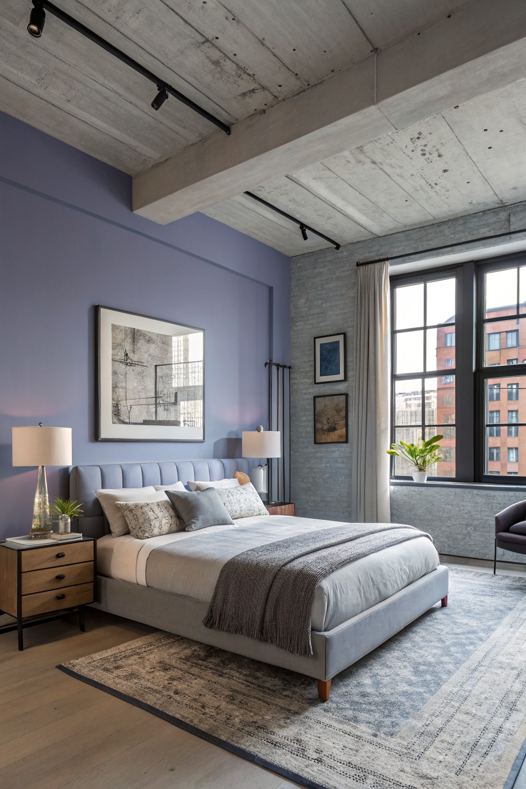 Bedroom walls painted in a soft muted blue.