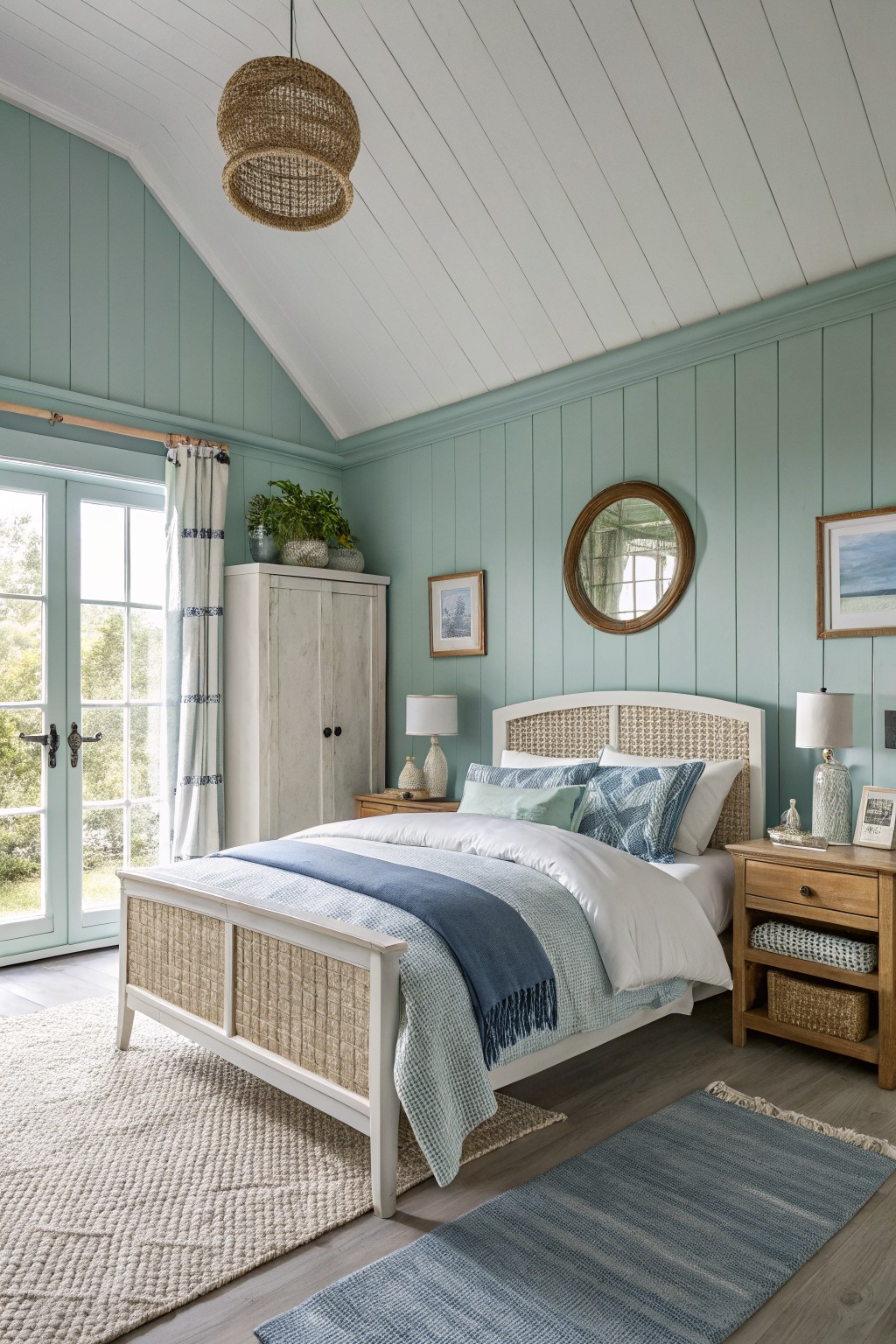 A bedroom with soft sage green walls and white trim.