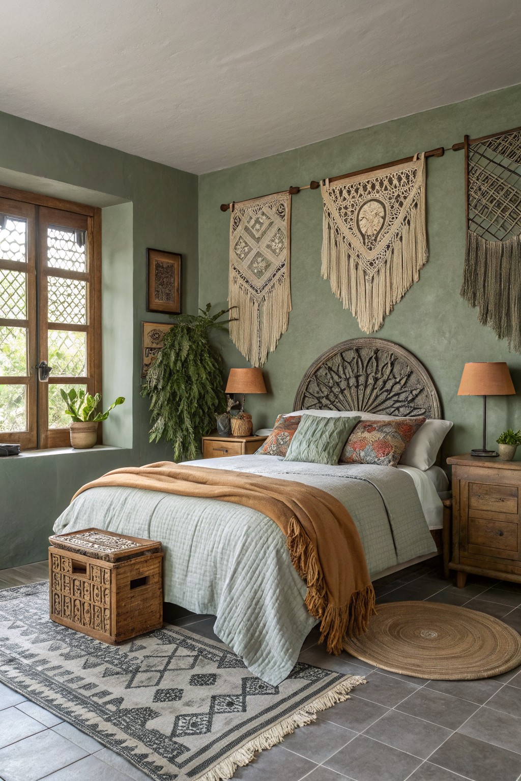 A bedroom with soft sage green walls and a carved wooden headboard.