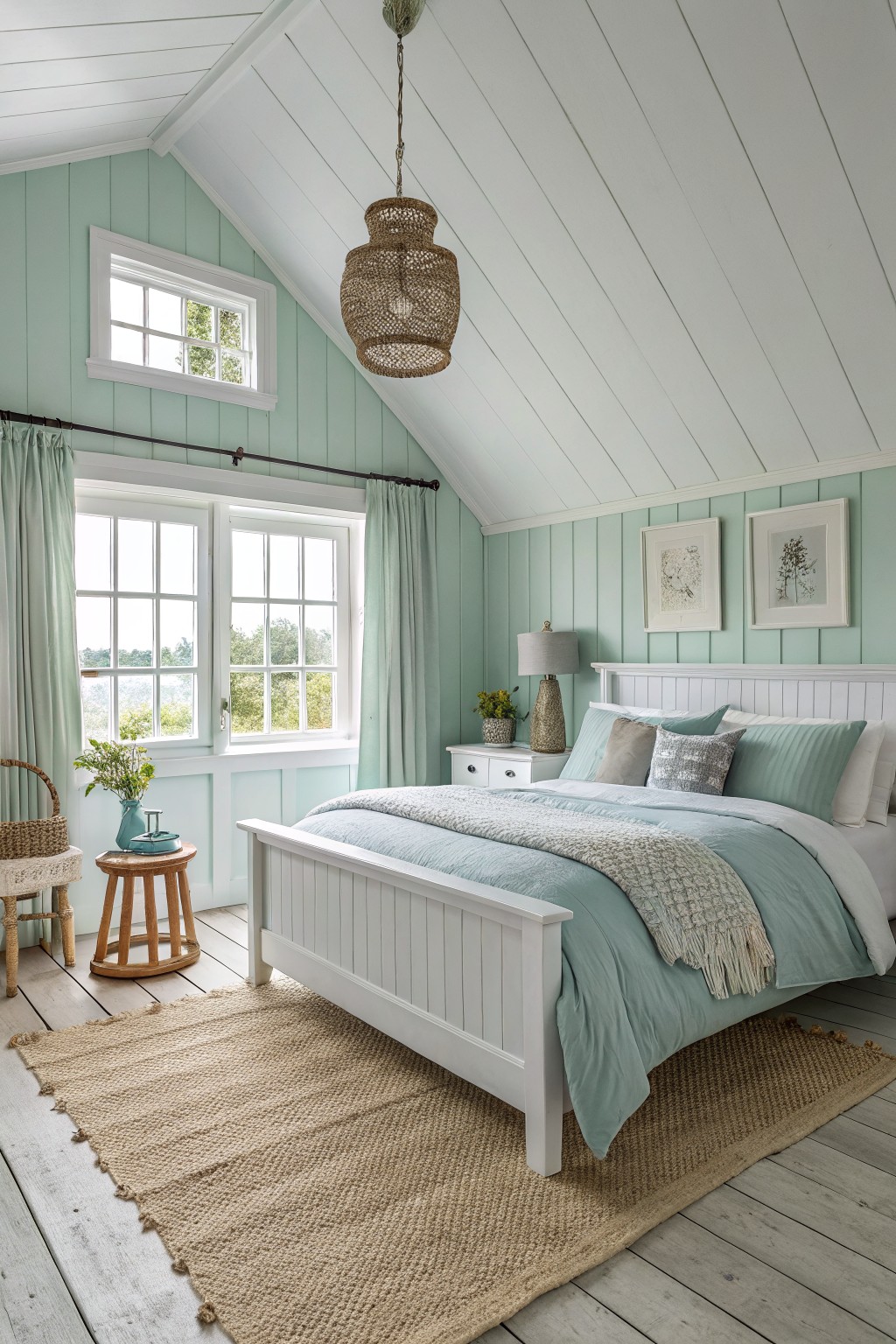 A bedroom with soft sage green walls and white trim.