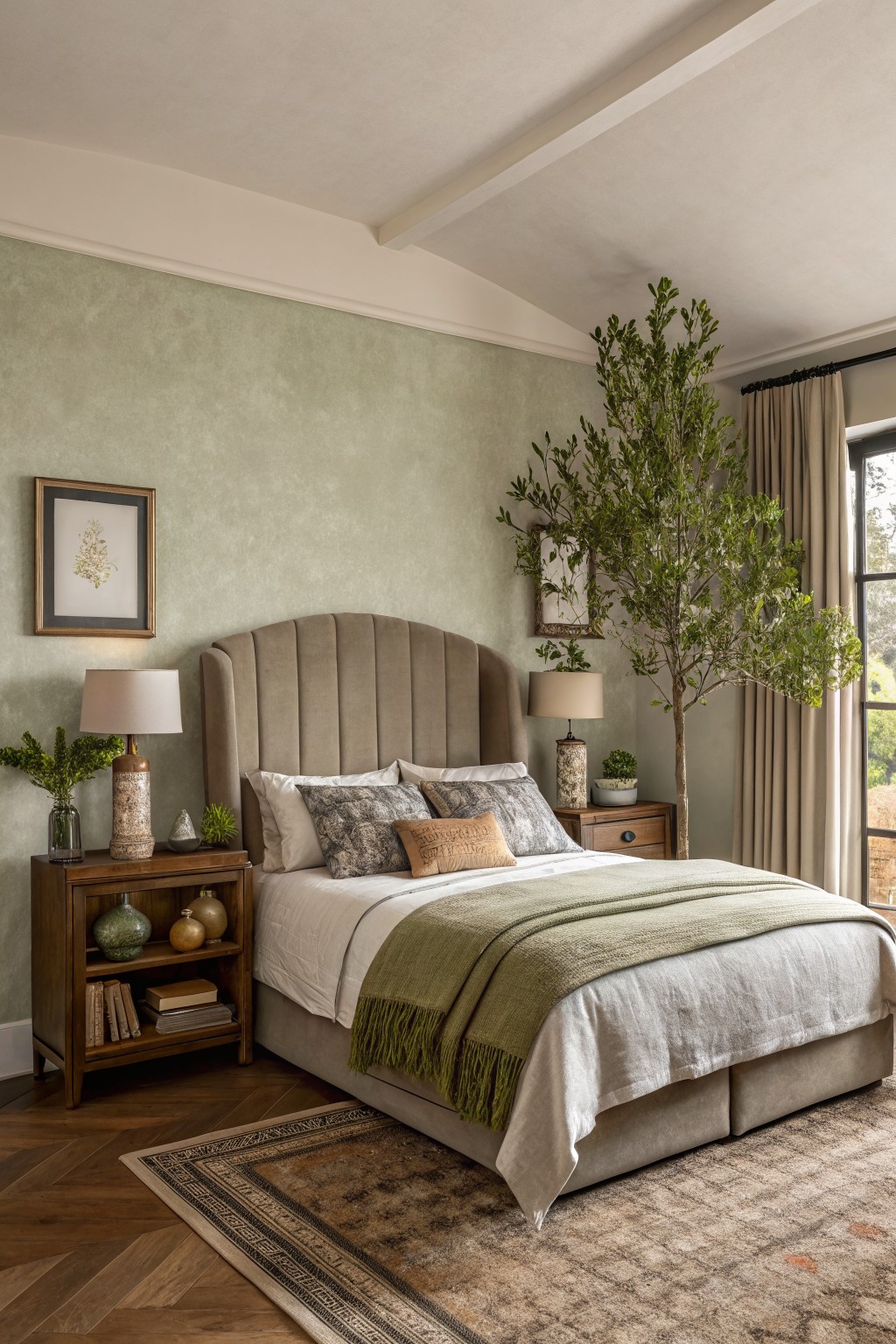 Sage green walls in a bedroom with wood nightstands and an upholstered bed.