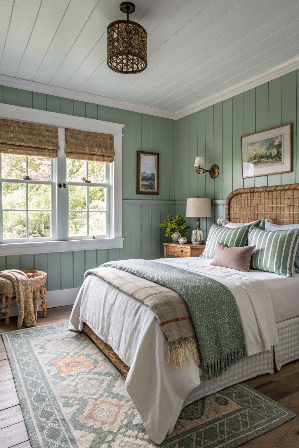 Bedroom walls painted in a soft sage green with white trim and wood accents.