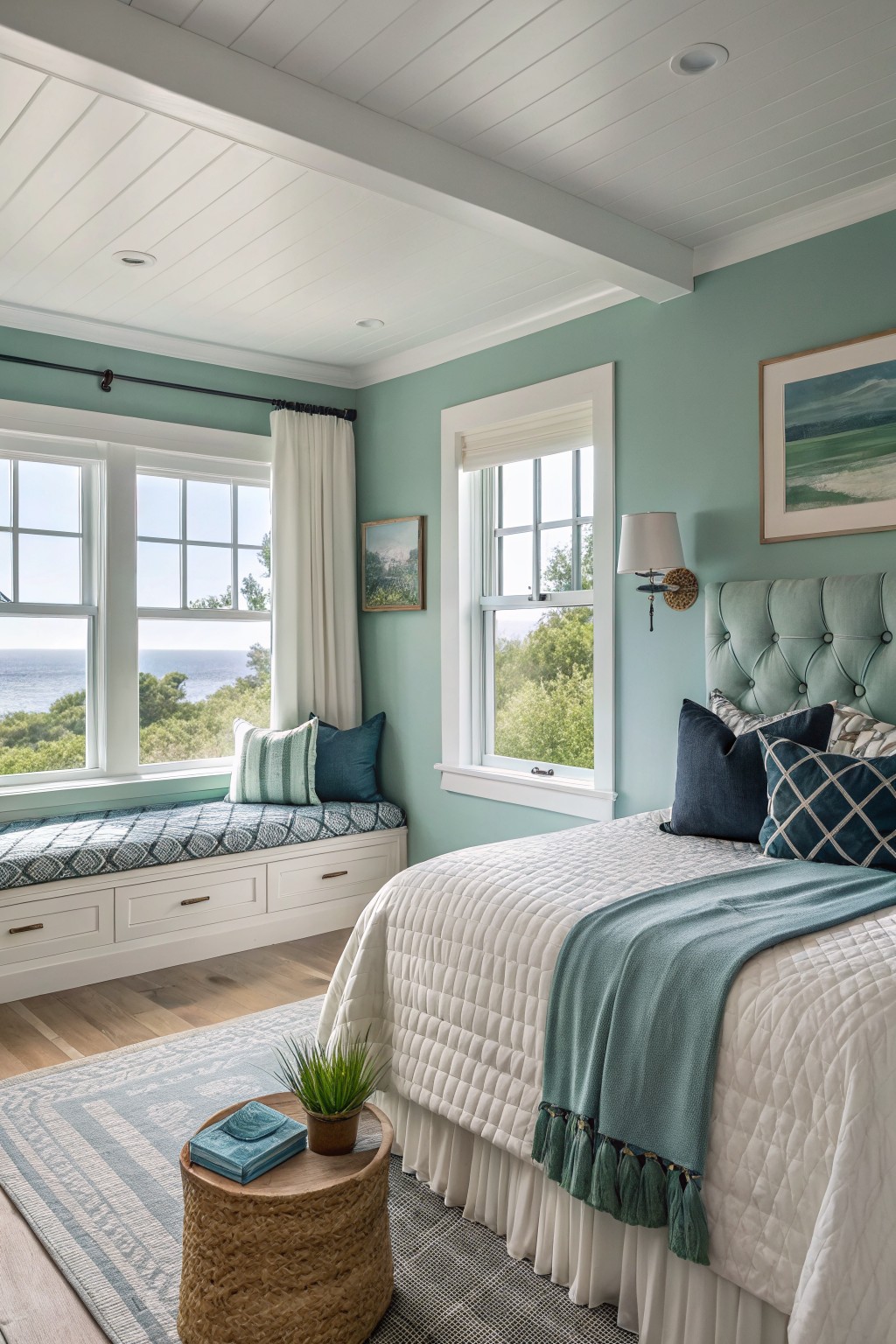 Bedroom walls painted in a soft teal green with white trim.