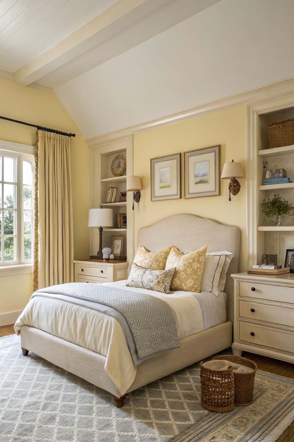Bedroom with soft yellow walls and built-in shelving.