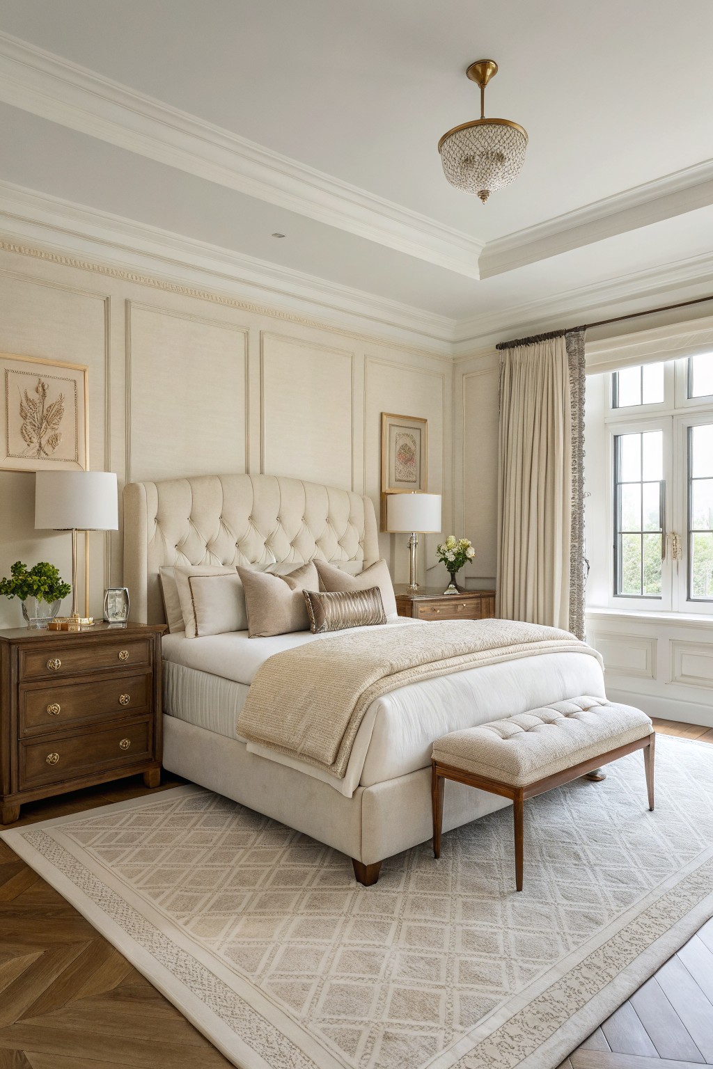 Luxurious cream bedroom with tufted bed, bench, rug, lamps, and chandelier.