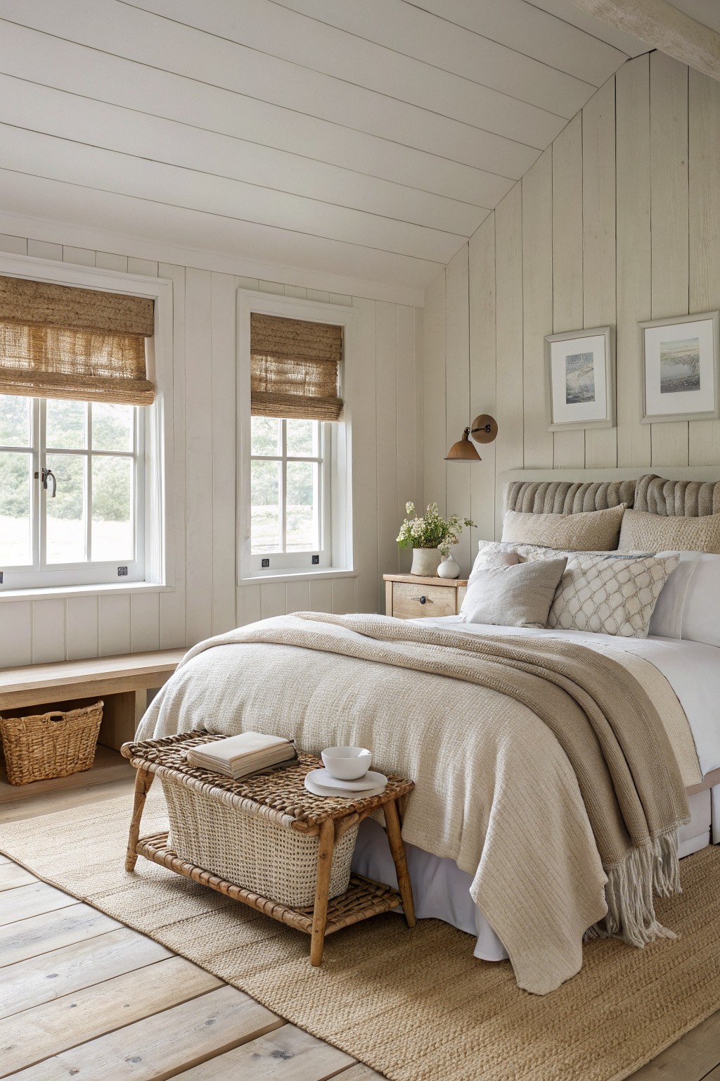 Bedroom walls painted in a soft warm off-white with white trim.