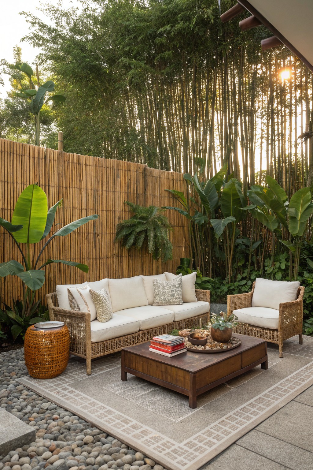An outdoor patio with a bamboo fence, wicker sofa and armchair, wooden coffee table, and tall bamboo plants behind the fence.