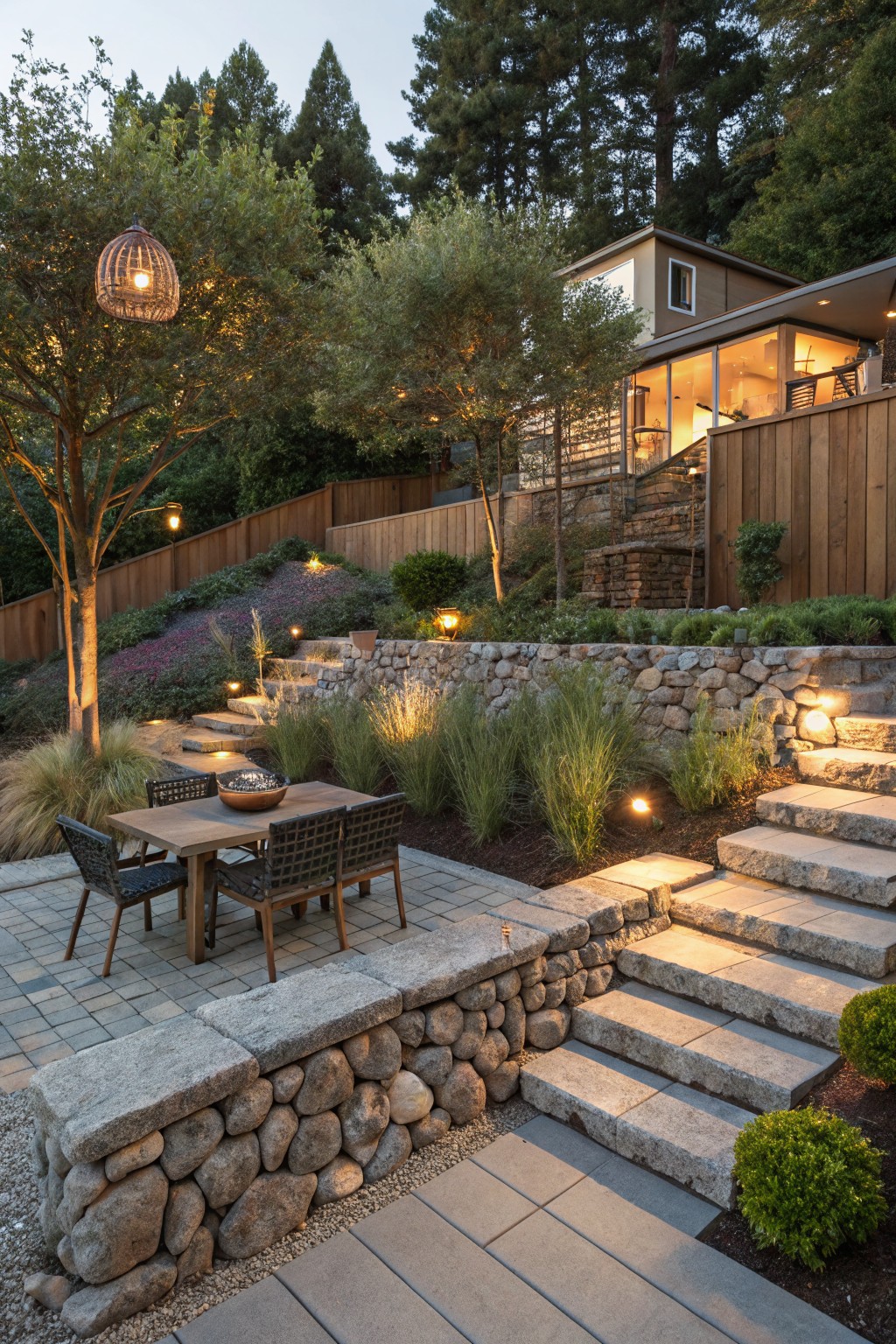 A sloped backyard patio with a wooden dining set on pavers, stone retaining walls, multiple levels of stone steps, dense grasses and trees, a wooden fence, and a modern house above.