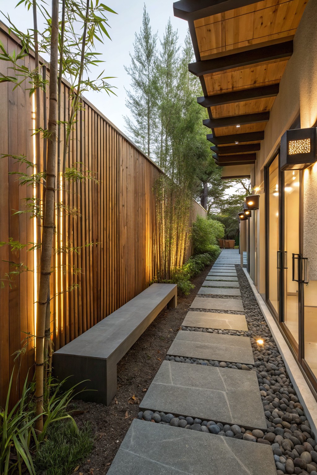 A narrow backyard path bordered by a tall wooden fence with vertical lights, bamboo plants, a concrete bench, and stone stepping pavers set in gravel.