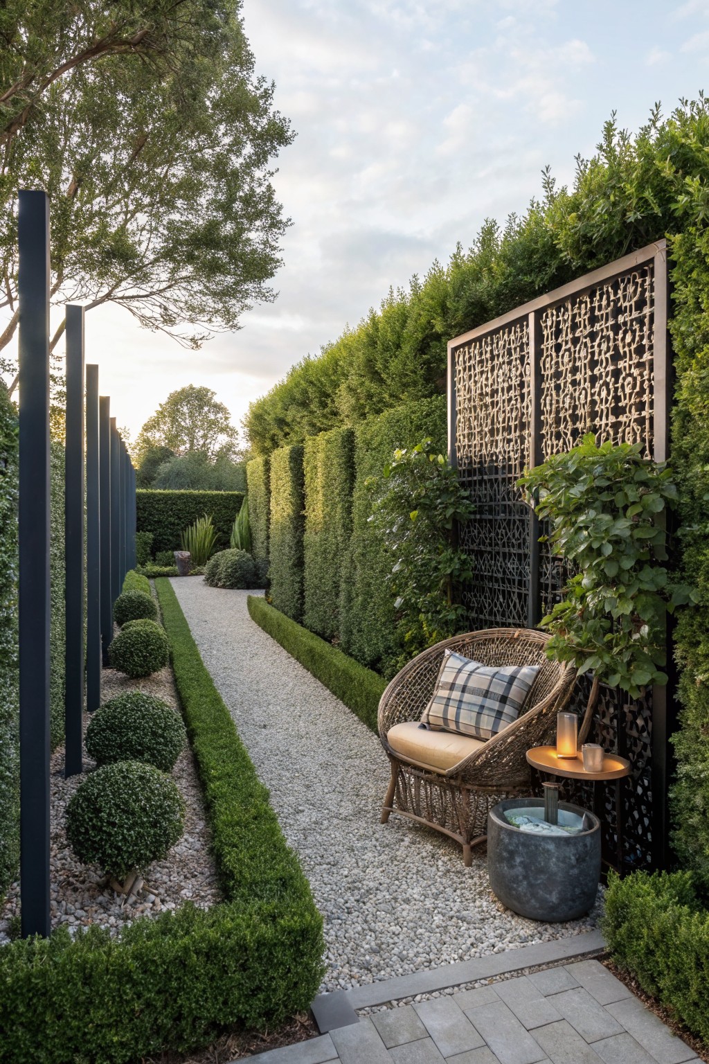 A garden path lined with rounded shrubs and tall hedges, featuring a woven chair next to an ornate metal privacy screen and a small water feature.