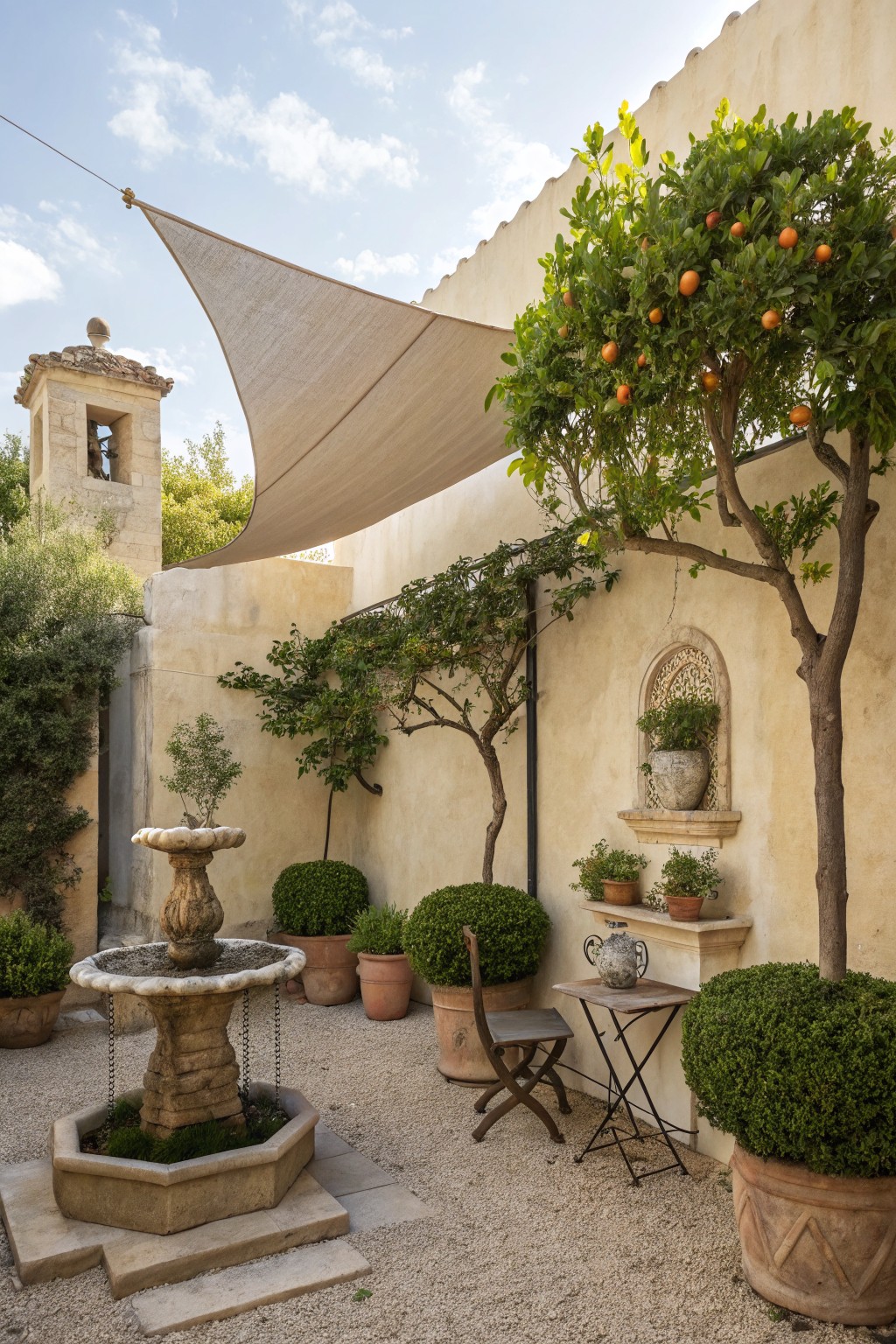 A sunlit courtyard with gravel ground, a stone fountain, potted shrubs and trees, a large beige shade sail, and a tall citrus tree against a stucco wall.
