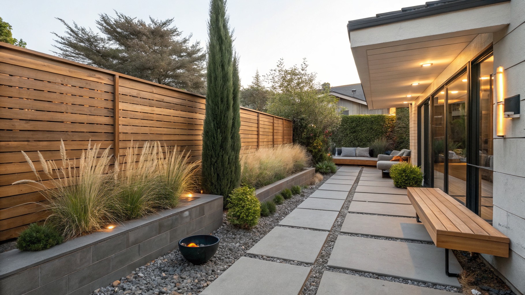 A narrow paved pathway runs between a modern house wall with a built-in bench and a tall wooden fence lined with tall ornamental grasses.