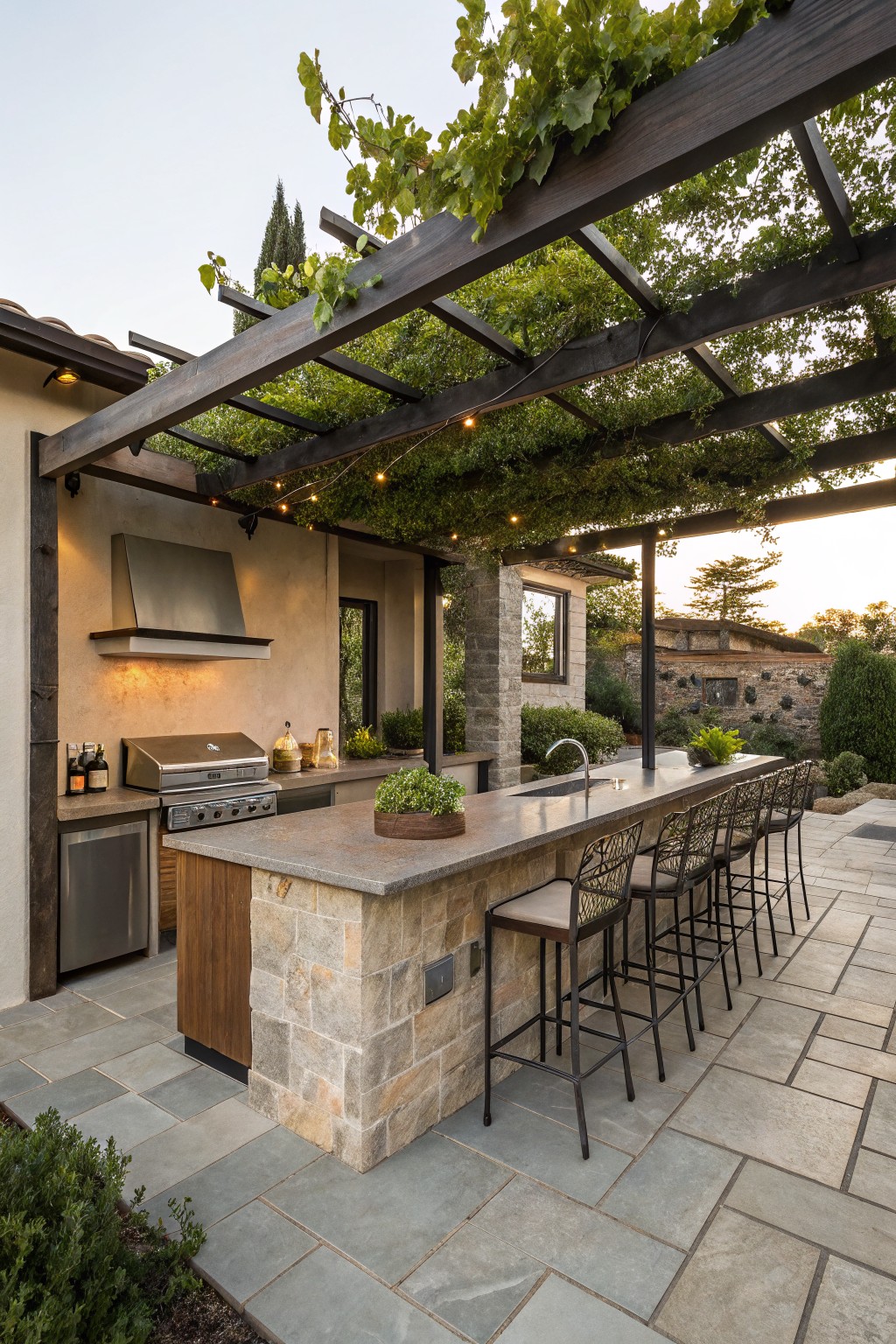 An outdoor kitchen with a long stone bar, metal bar stools, built-in grill, and wooden pergola covered in dense green vines and string lights.
