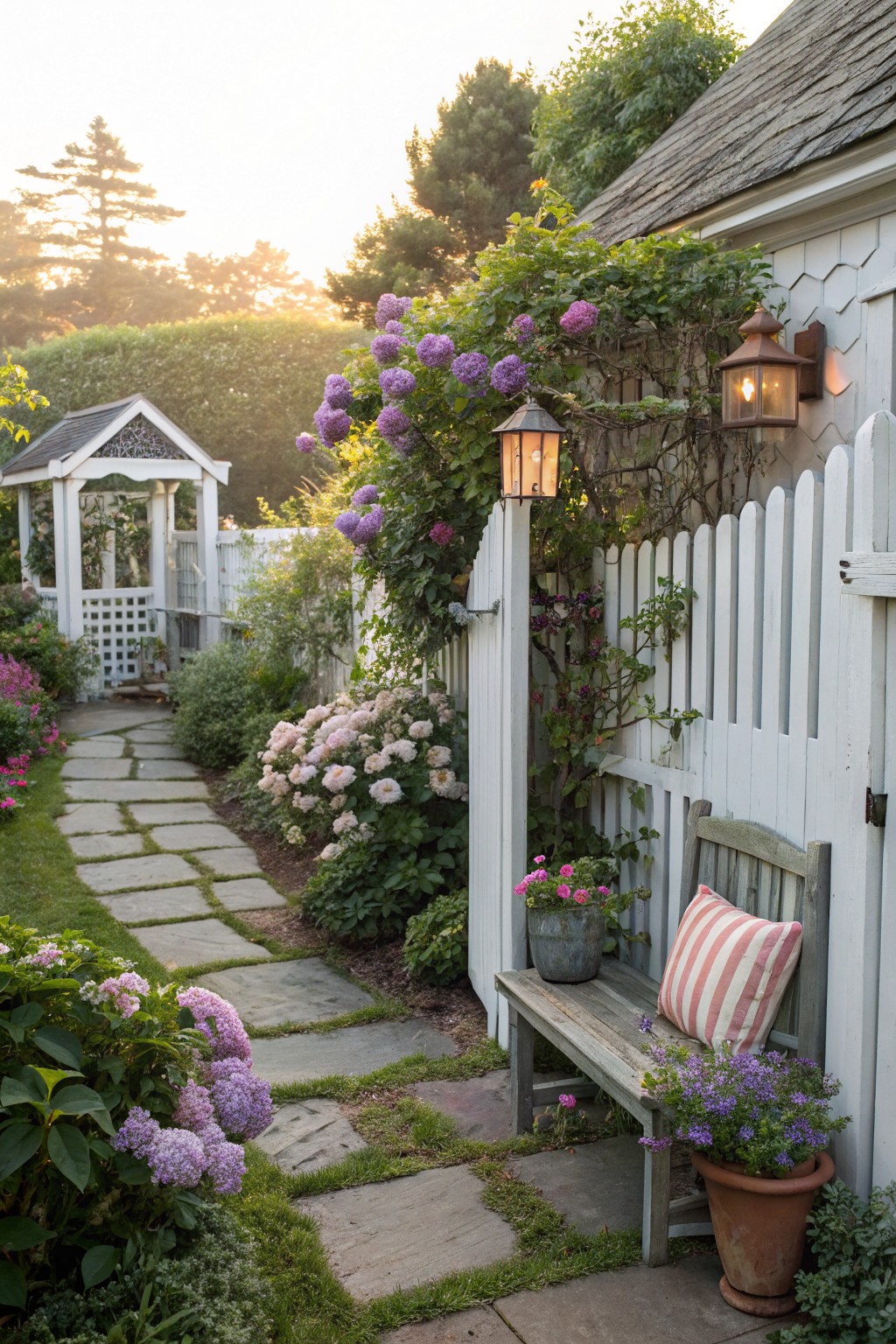 A backyard garden path bordered by blooming hydrangeas leads past a white picket fence covered in purple climbing flowers, with a wooden bench and potted plants beside it.