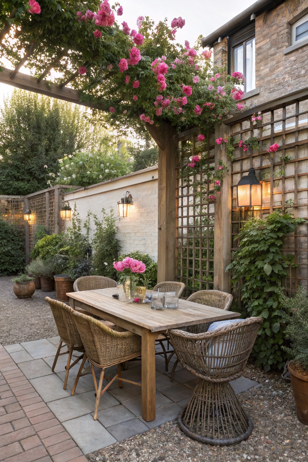 A wooden patio dining set sits under a pergola covered in pink climbing roses, with lattice screens and wall-mounted lanterns along a brick house.