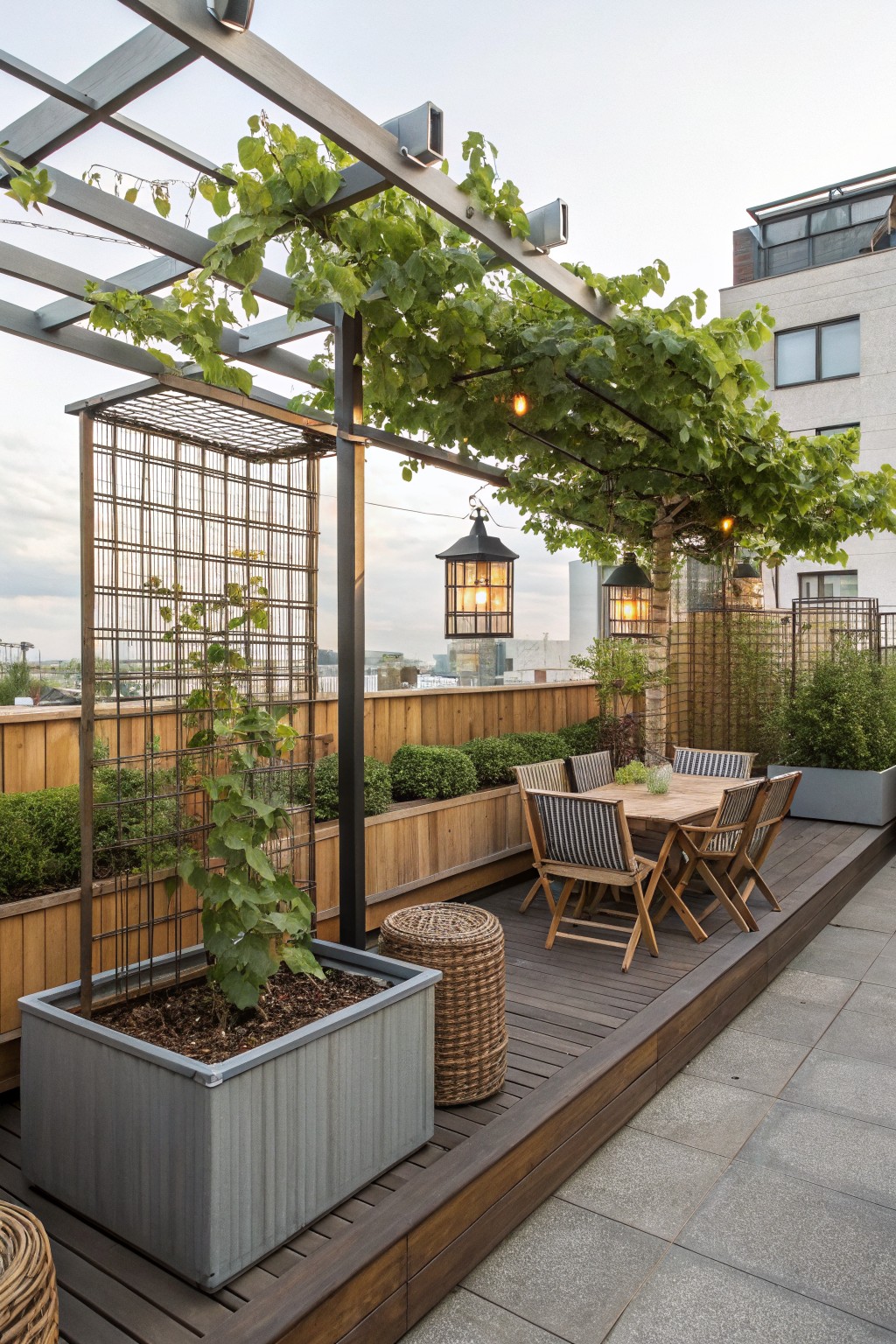 A rooftop deck features a wooden dining table and chairs beneath a pergola draped in green vines, with nearby trellises and planters holding additional plants.