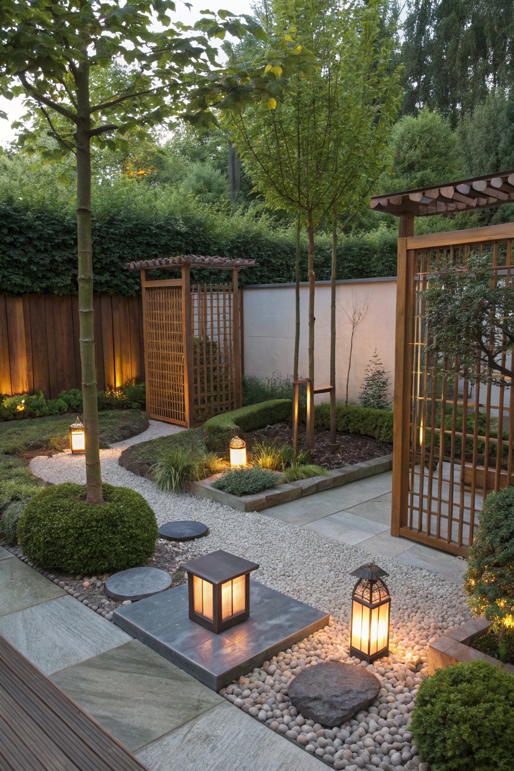 A backyard garden with gravel and stone paths, multiple wooden lattice screens, glowing lanterns, layered trees, and shrubs arranged around planting beds.