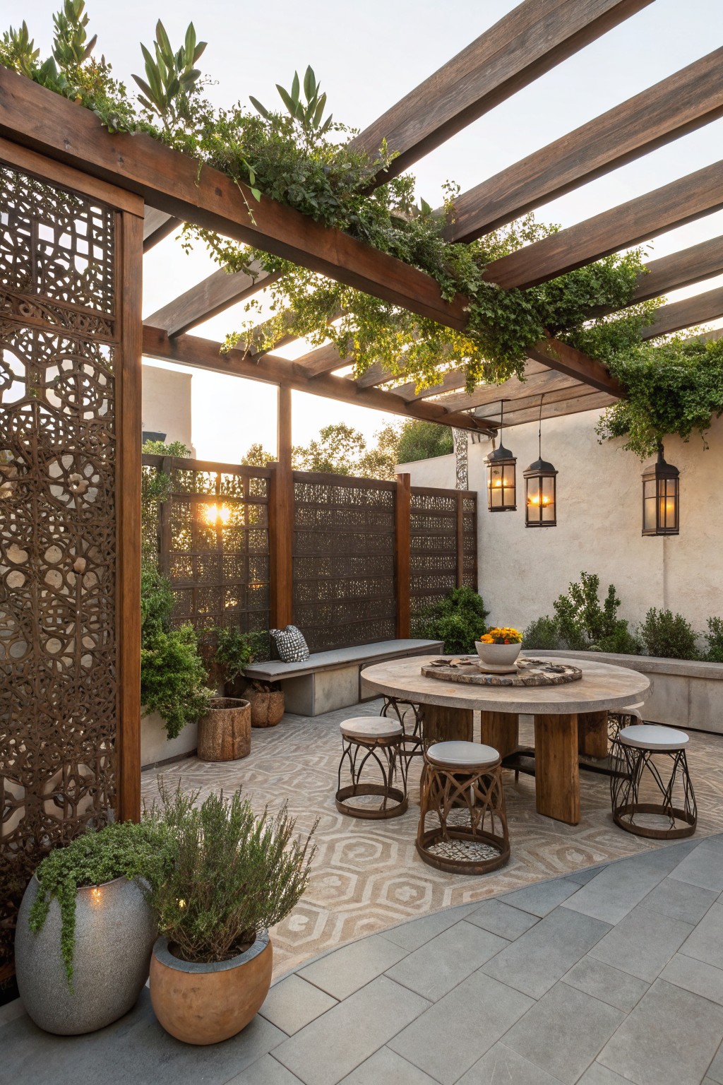 An outdoor patio under a wooden pergola with a large decorative metal screen on the left, hanging vines, a round table with stools, potted plants, and hanging lanterns.