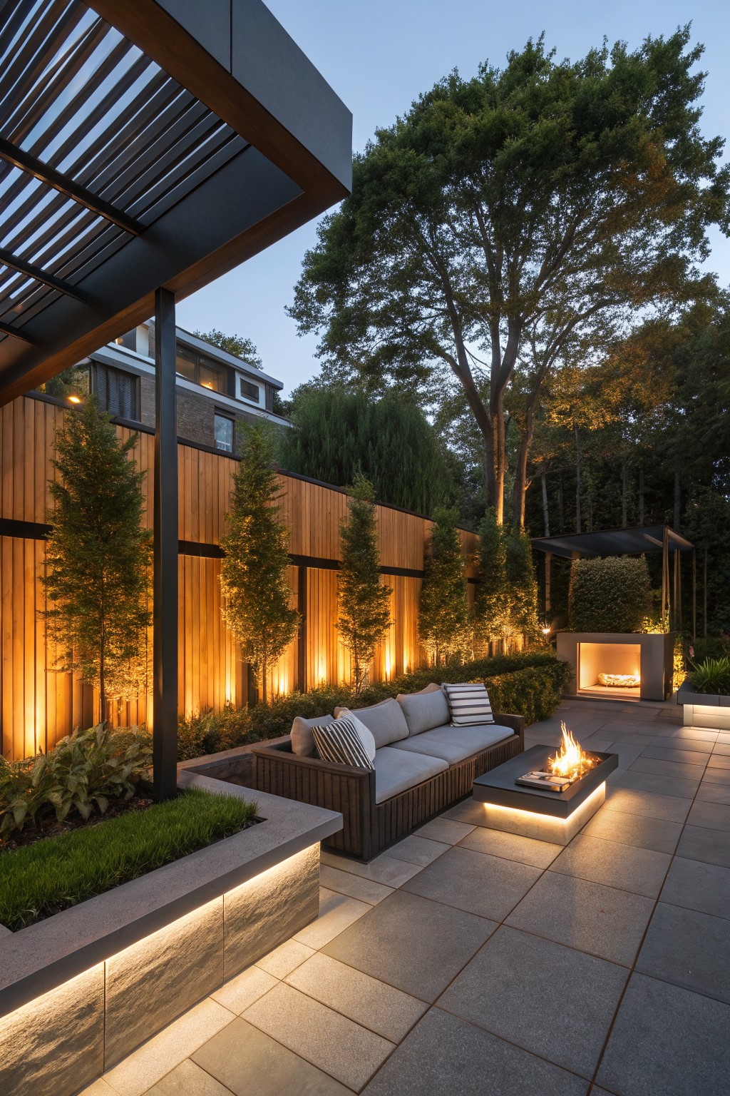 Modern backyard patio with a tall wooden privacy wall, built-in seating, fire pit, and layered evergreen trees and shrubs.