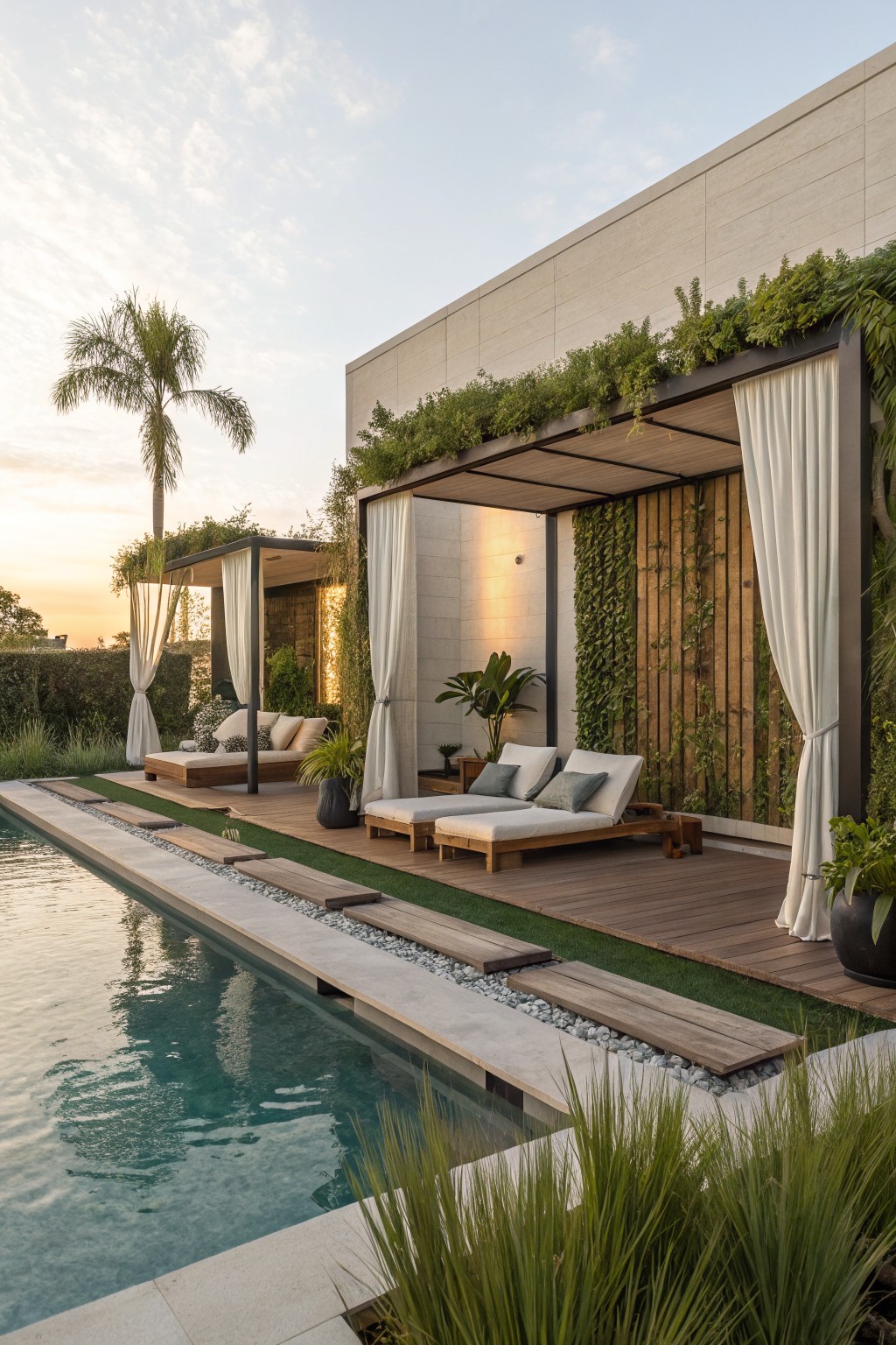 An outdoor pool deck with wooden lounge chairs under open structures fitted with white curtains and vertical green walls.