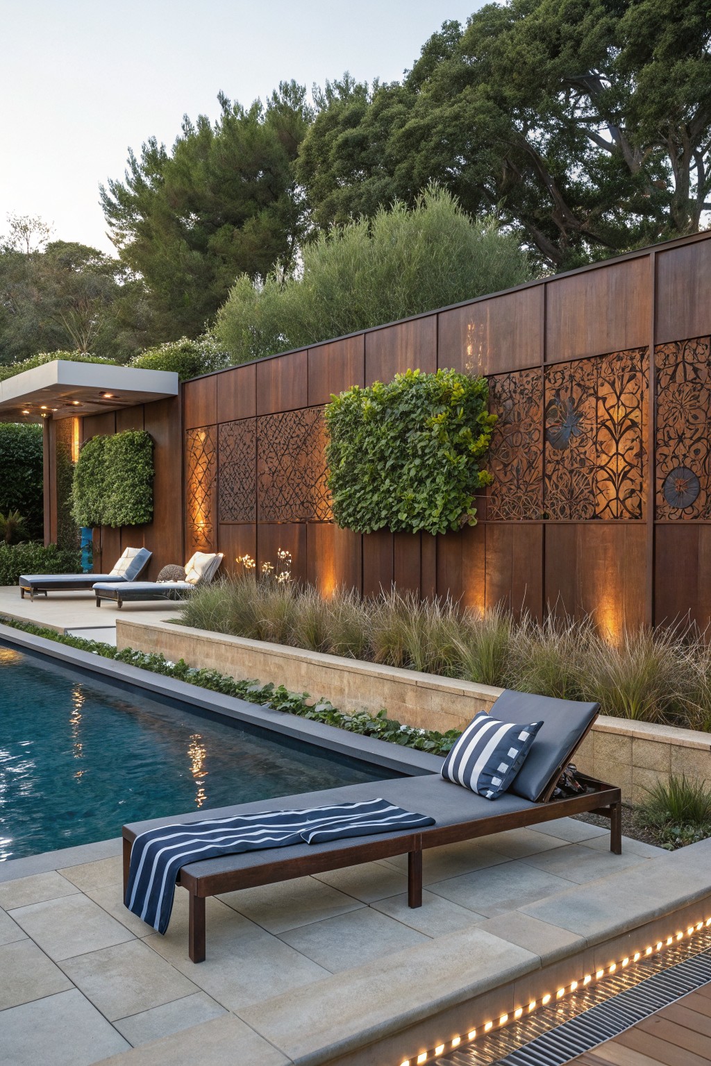 A backyard poolside patio with a tall brown metal privacy wall featuring decorative cutout panels and green plants integrated into sections of the screen, plus lounge chairs on stone paving.
