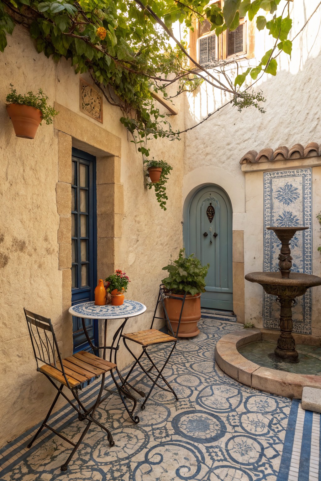 A narrow courtyard with a small round table, two folding chairs, potted plants, and a stone fountain on blue and white patterned tile.