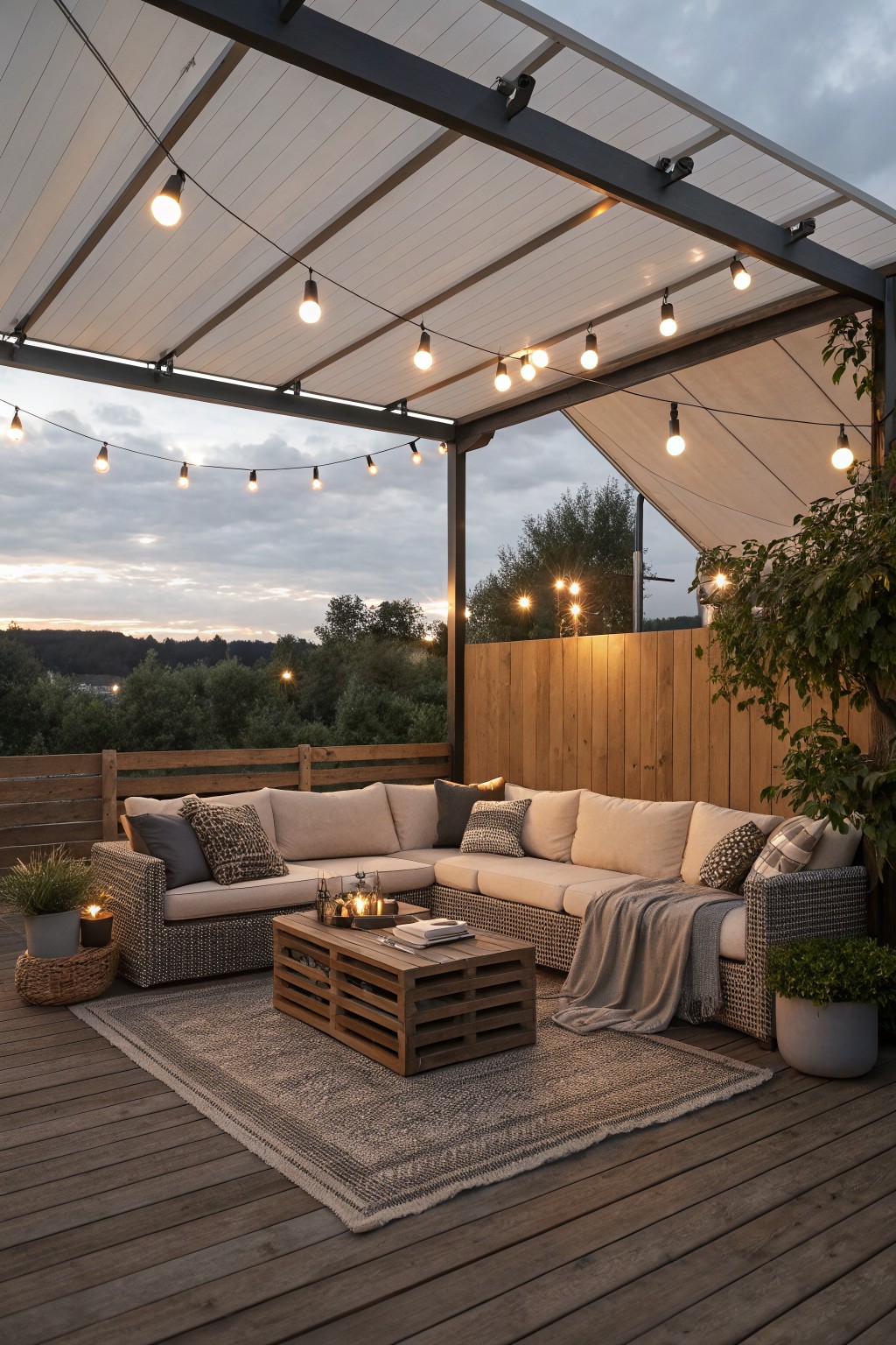 An outdoor patio on a wooden deck features an L-shaped sectional sofa under a dark-framed pergola cover with string lights, a wooden coffee table on a rug, and potted plants along the edges.