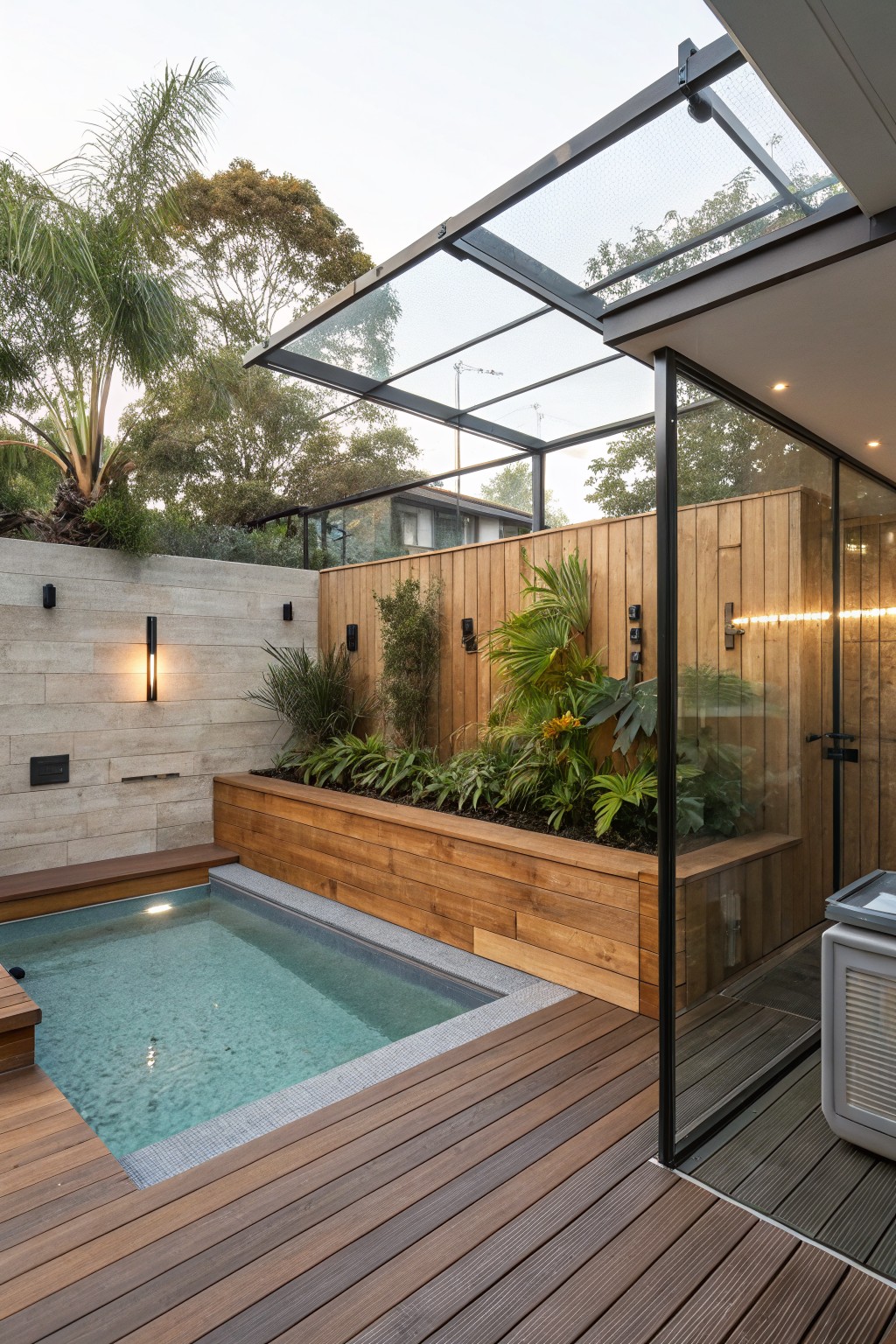 A small plunge pool surrounded by dark wood decking, with a long raised wooden planter filled with green plants running along one side next to a glass-walled structure.