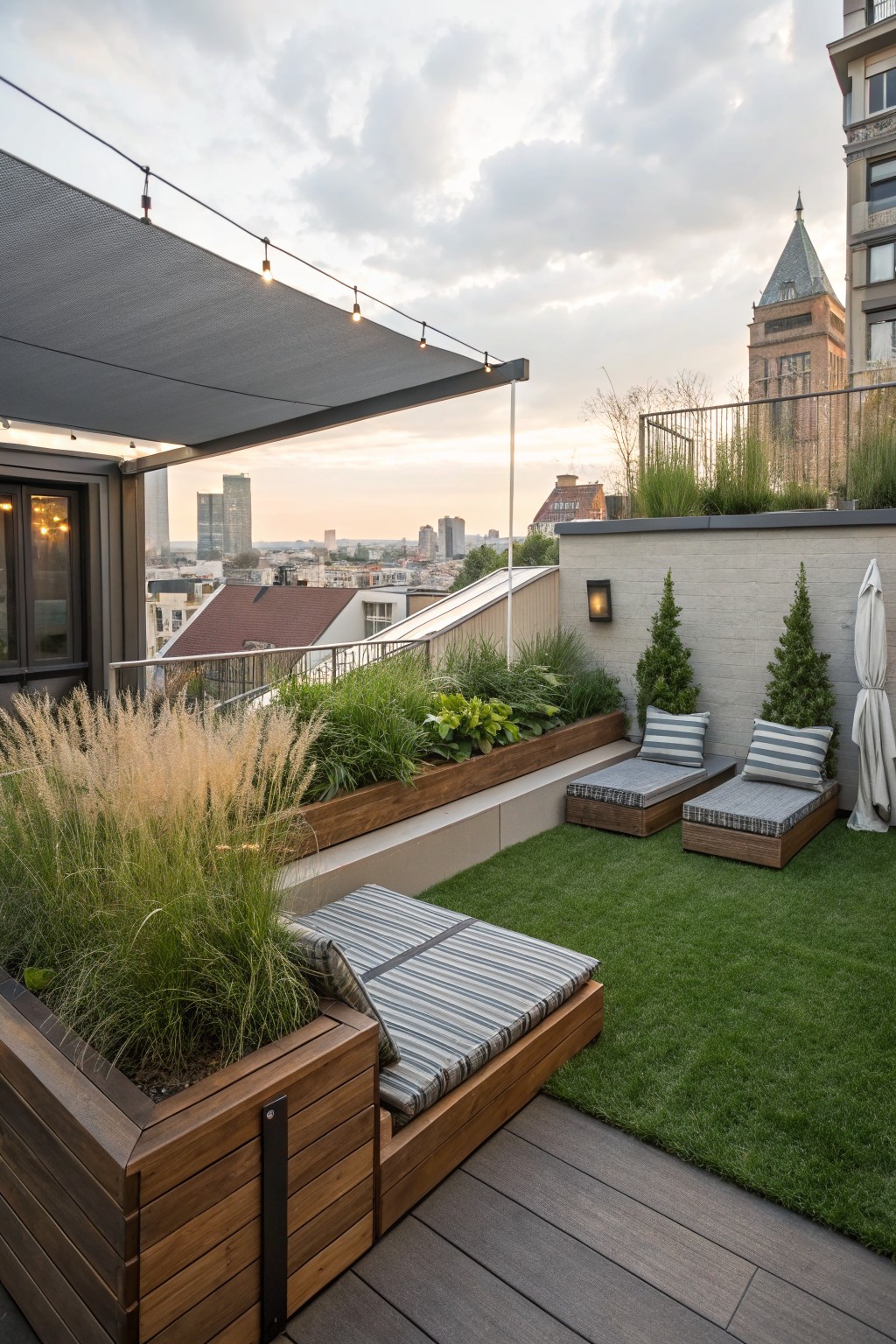 A rooftop terrace features a rectangular patch of artificial turf bordered by wooden decking, with two striped lounge chairs and raised wooden planters holding tall grasses.