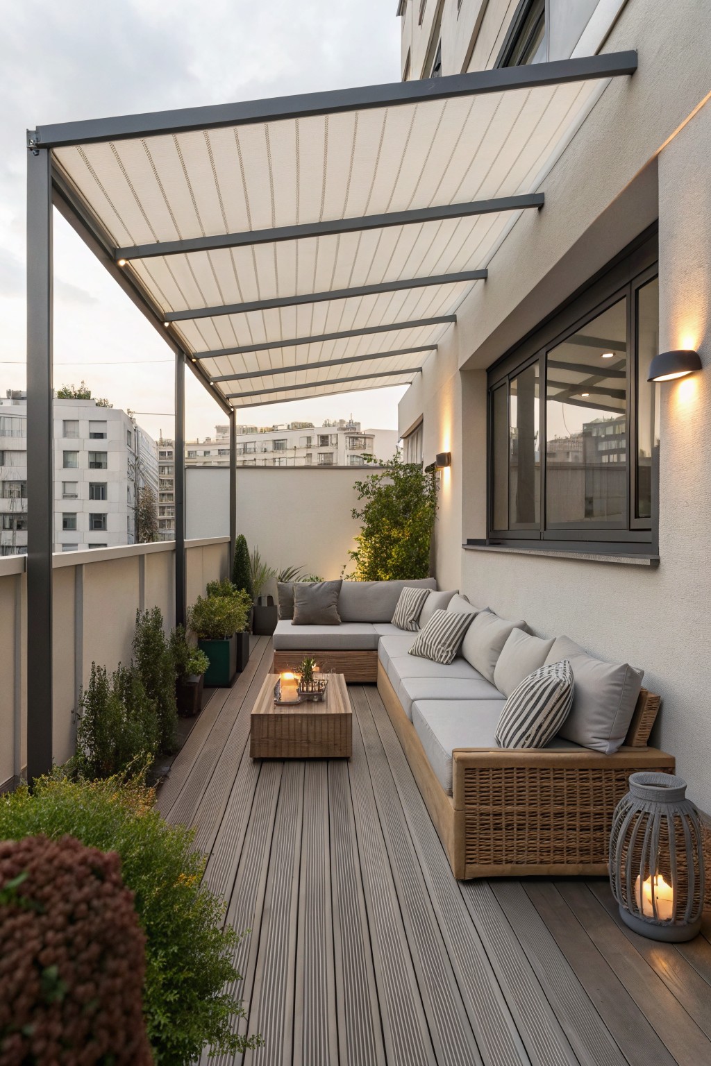 Modern balcony with gray sectional sofa, wooden table, retractable awning, and city view