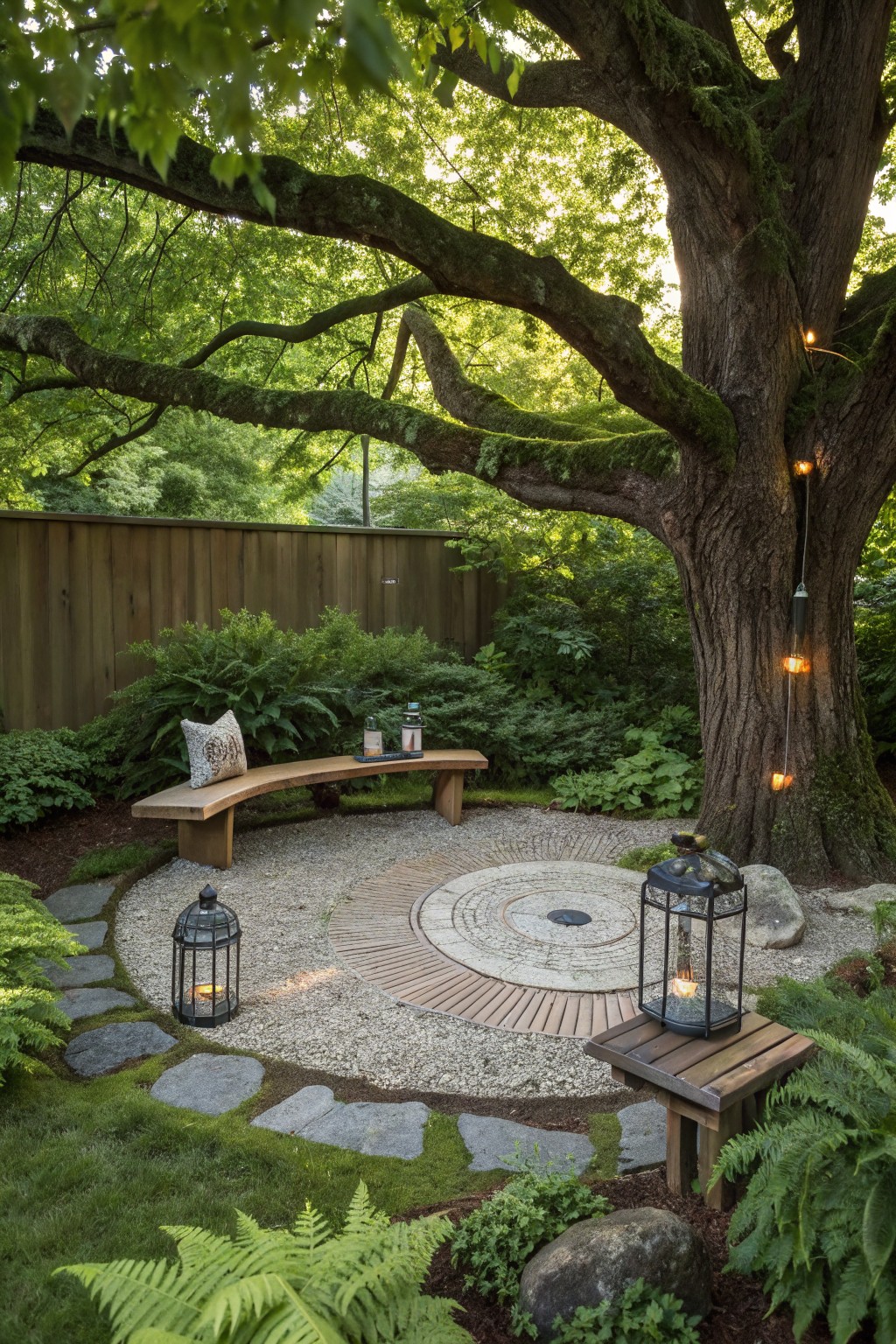 Serene garden with curved bench, lanterns, and circular patio under mossy tree with lights