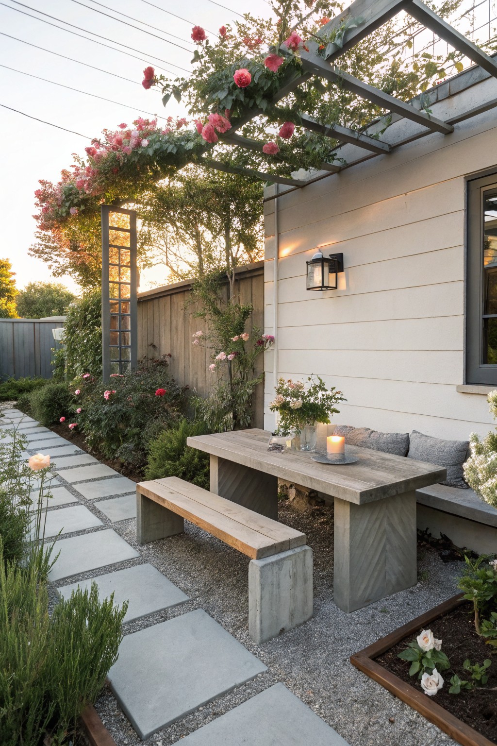 A narrow backyard shows a long concrete dining table with a wooden bench on gravel, positioned next to a light-colored house wall with cushions and climbing roses on a pergola overhead.