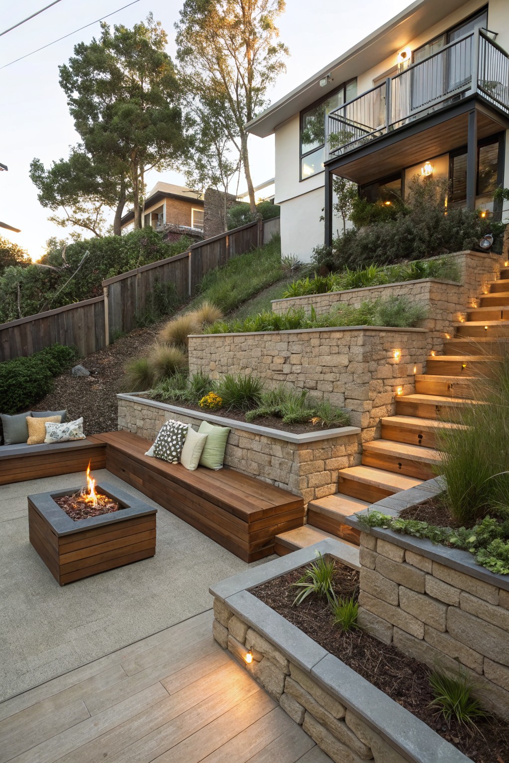 Backyard patio with a square wooden fire pit, built-in bench seating with pillows, stone retaining walls, and lighted stairs on a hillside.
