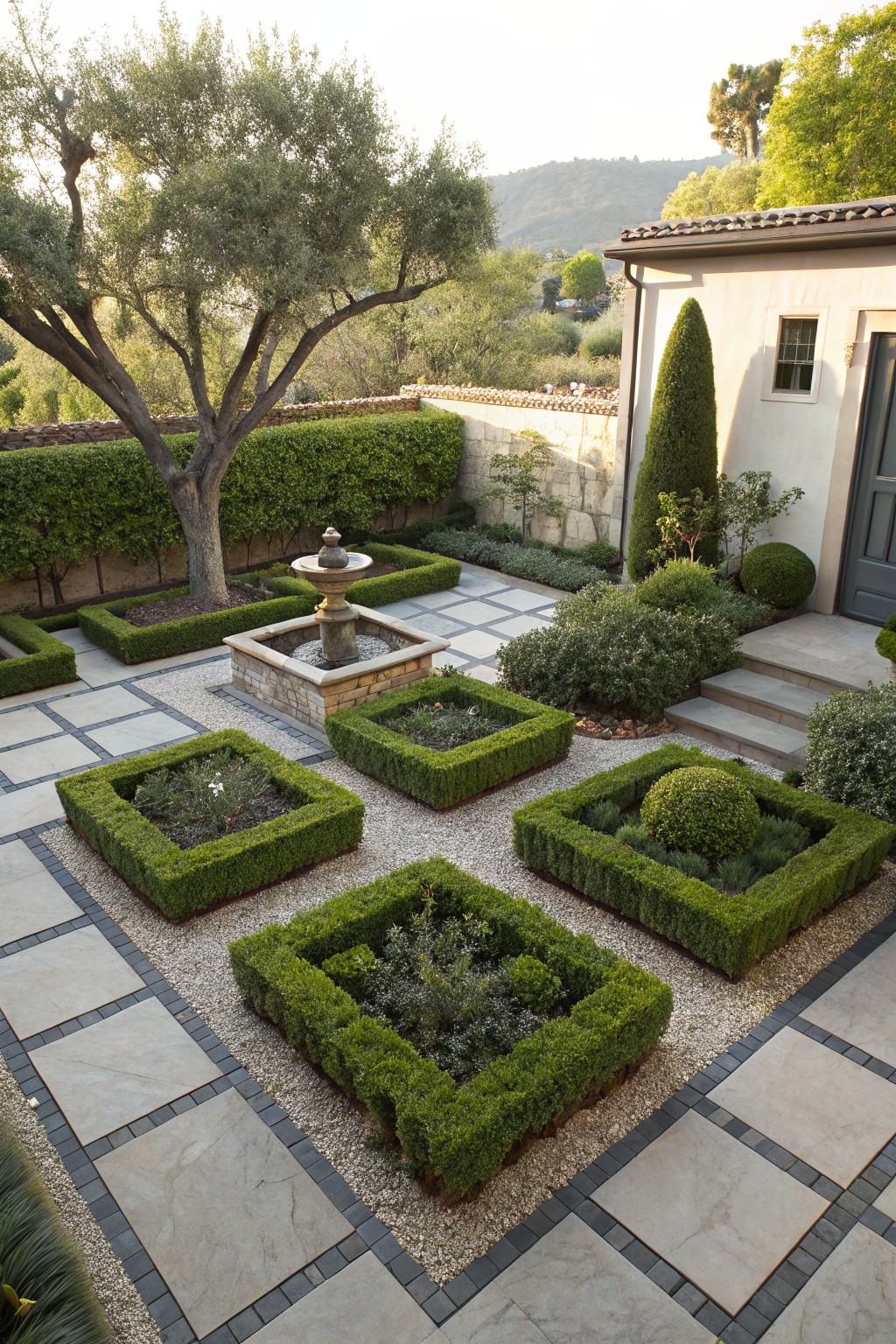A backyard garden featuring multiple square and rectangular beds edged with dense green hedges, gravel paths, a stone fountain, and paved areas beside a house.