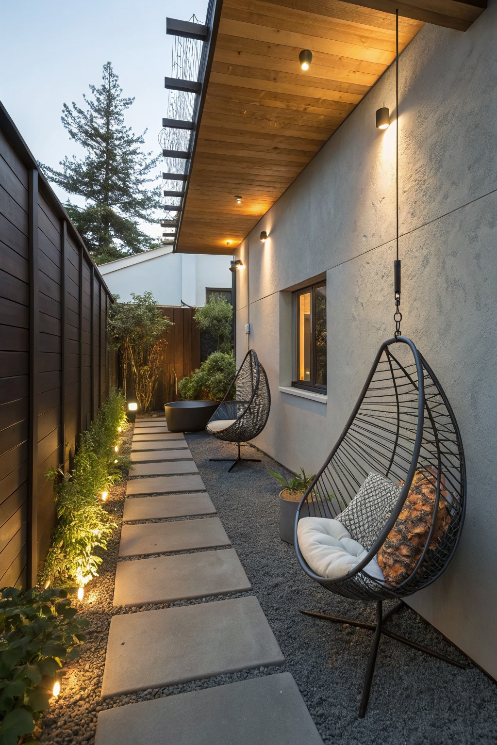 A narrow outdoor side yard with a concrete stepping stone path, two black hanging chairs, wall-mounted lights, and plants along a dark fence.