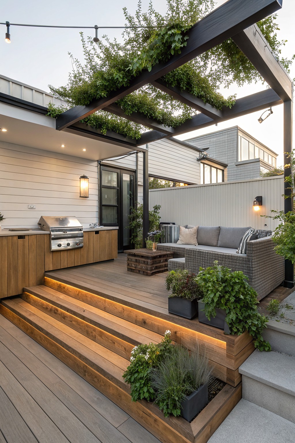 Outdoor deck with a dark pergola draped in green vines, a gray sofa underneath, an outdoor kitchen on the left, and wooden steps with built-in lighting.