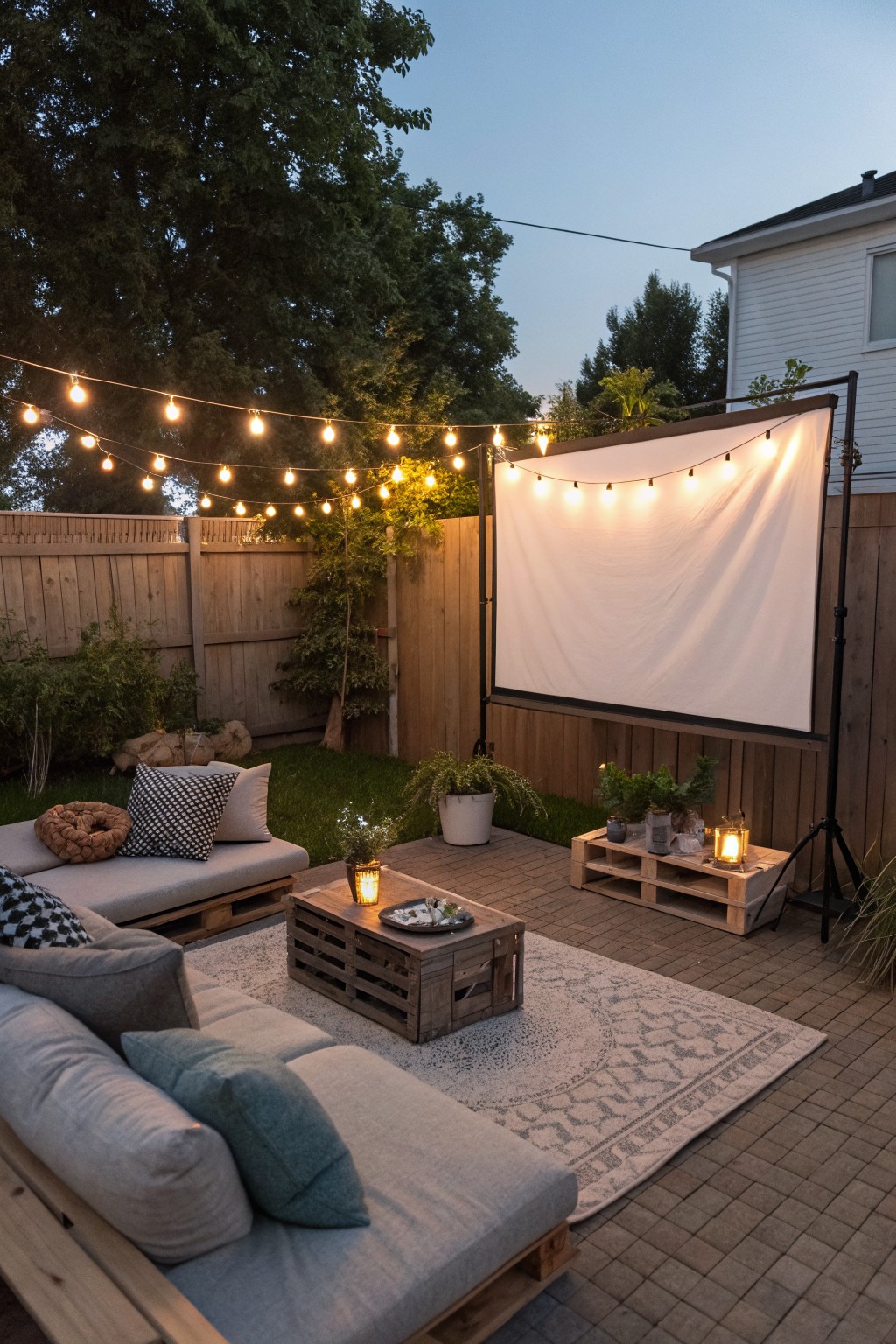 Backyard patio with wooden pallet seating, a large white projector screen on a stand, string lights, and a patterned rug on brick pavers.