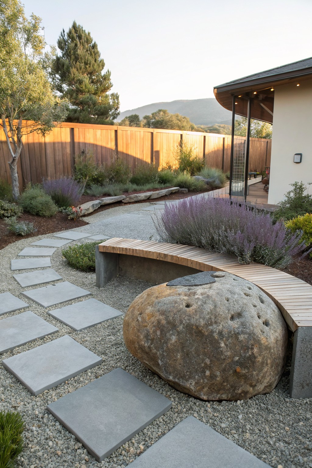 Modern backyard garden with curved bench, large boulder, stepping stones, and purple plants