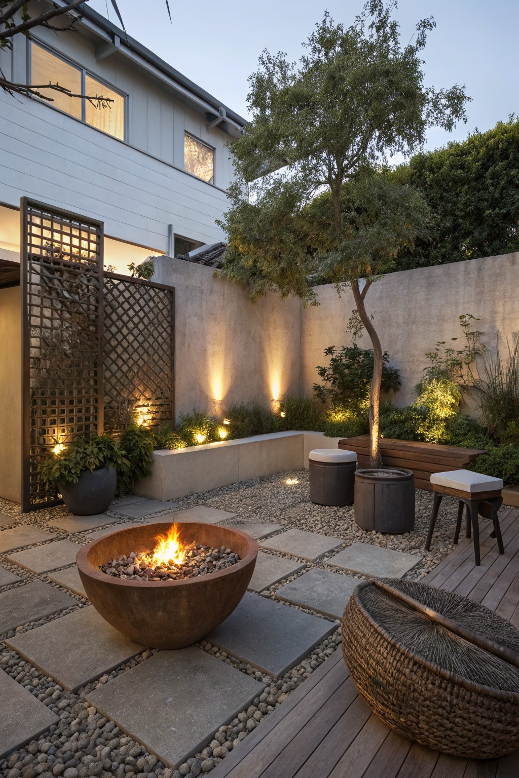 A round metal fire pit sits on stone pavers amid gravel in a small enclosed backyard, next to a wooden deck with a woven chair and other seating.