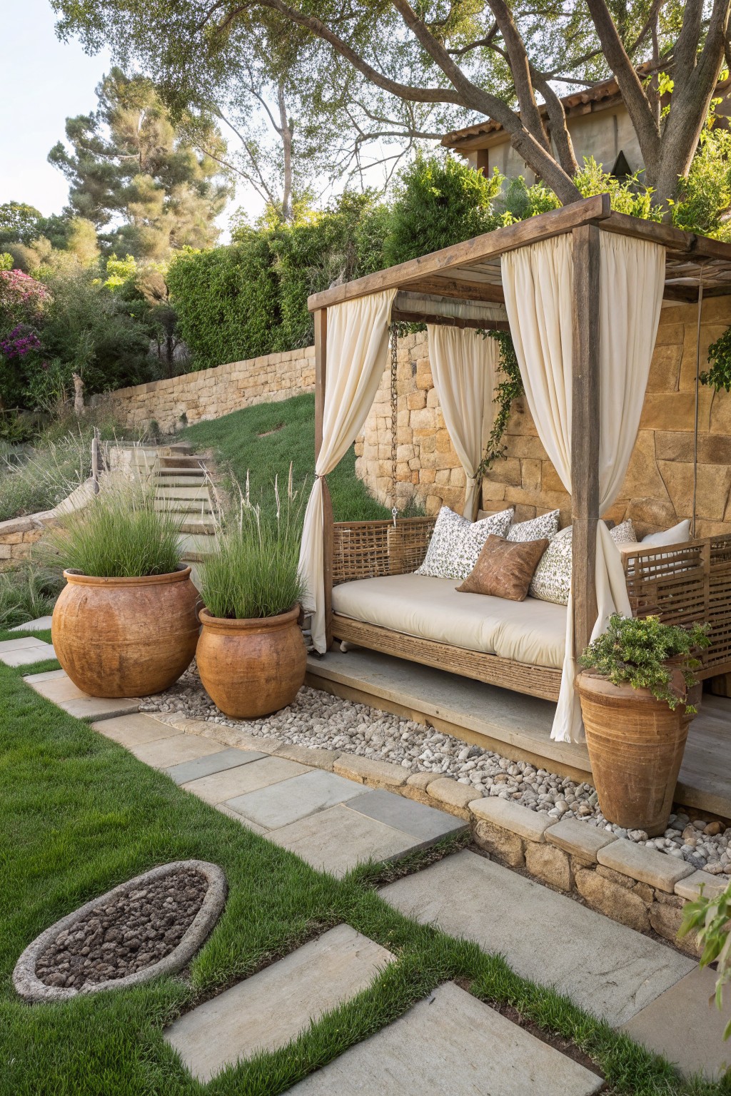 Wooden canopy daybed with white curtains amid terracotta pots on garden patio
