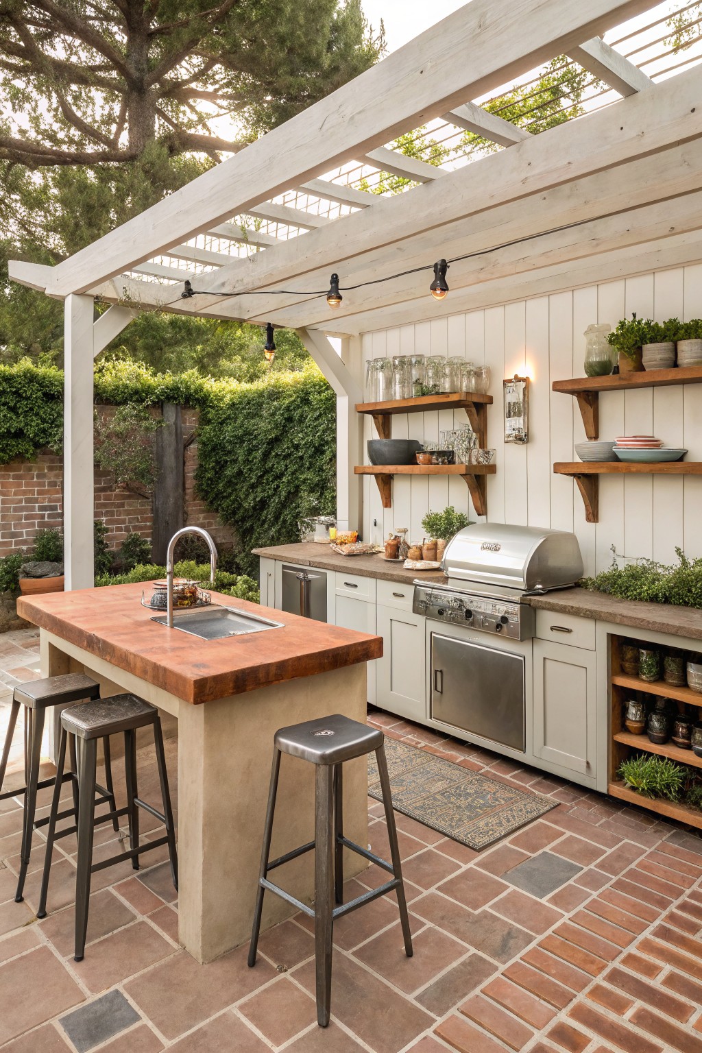 Rustic outdoor kitchen under wooden pergola with grill, sink, and bar stools on brick patio.