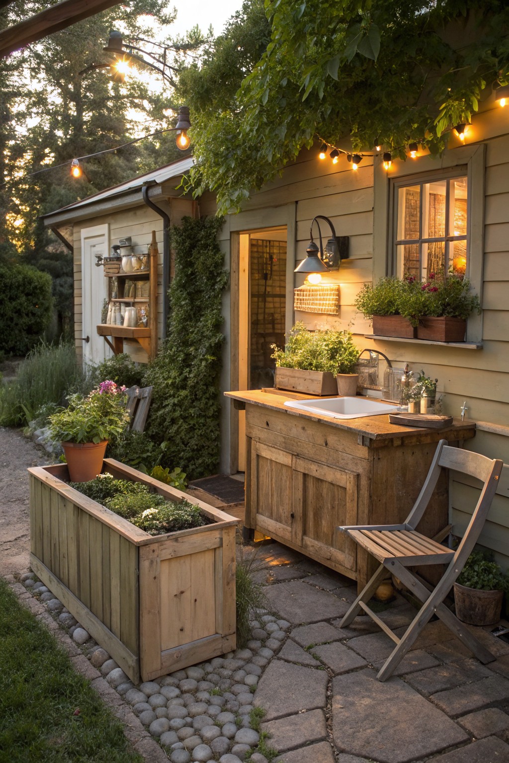 A wooden outdoor sink cabinet with a white basin sits on a stone patio next to a house, with a folding wooden chair, potted plants, and string lights overhead.