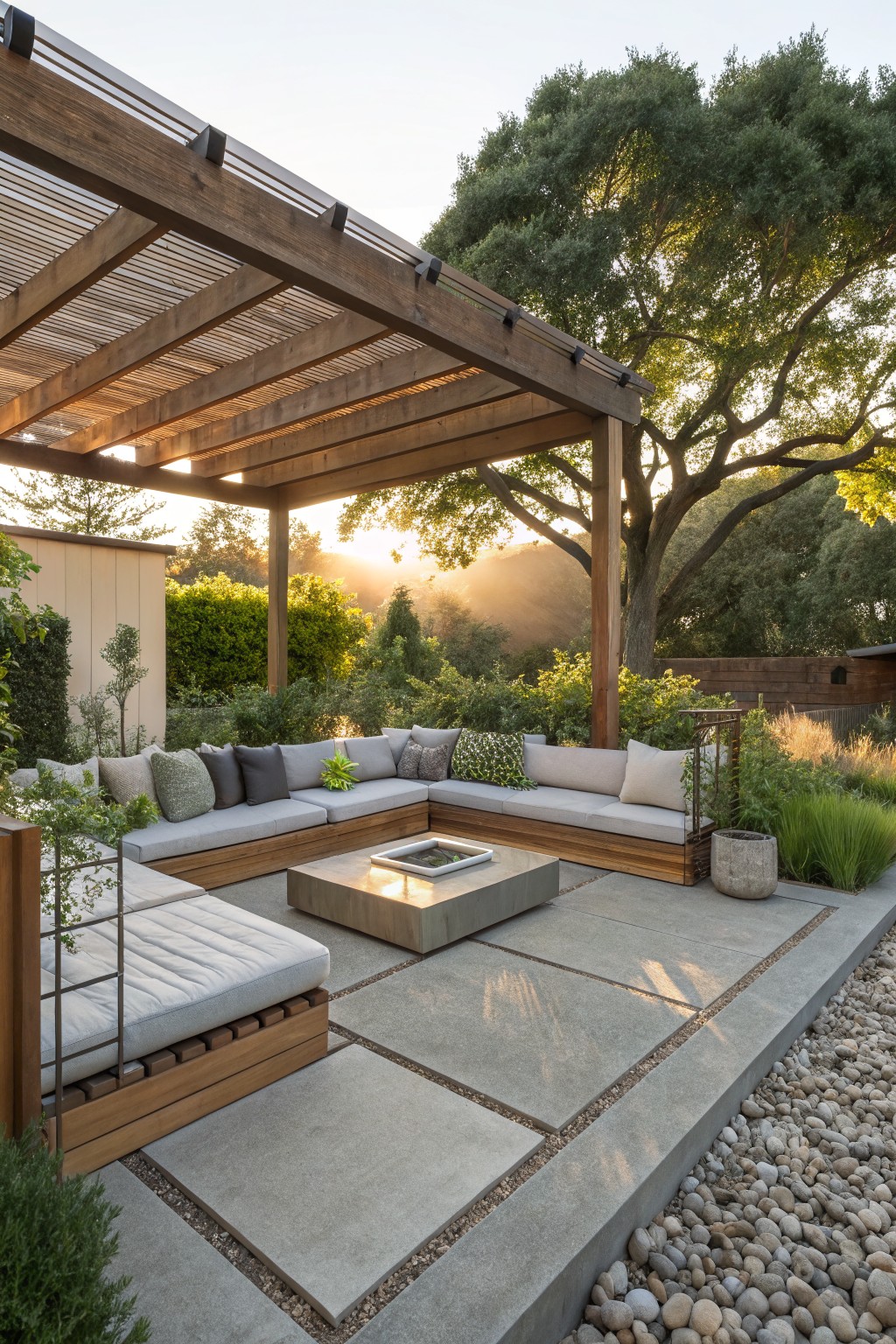 A wooden pergola with built-in cushioned seating around a concrete fire pit on a stone patio, surrounded by trees and gravel.