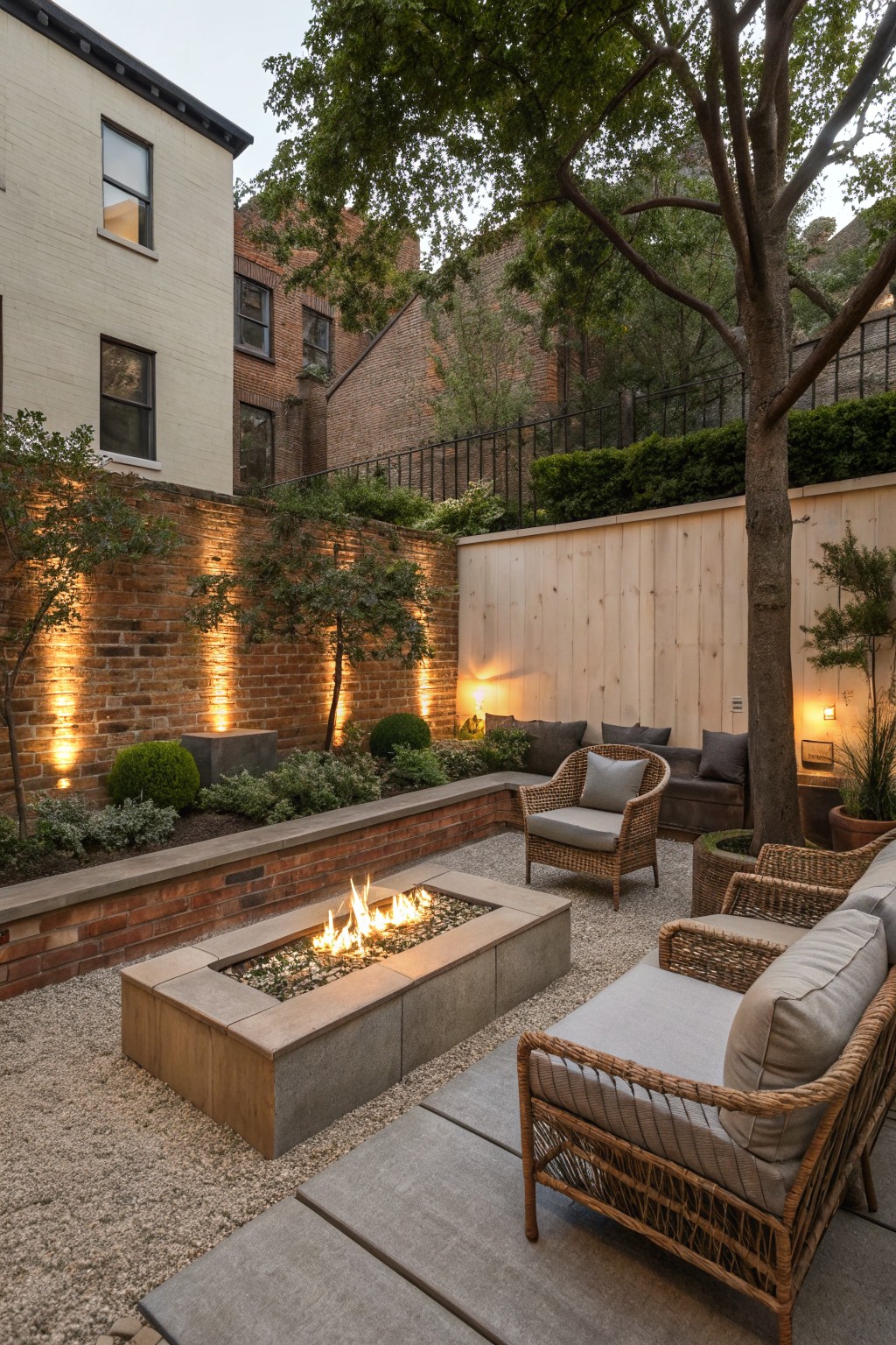 A rectangular concrete fire pit with a burning fire sits on gravel in a backyard patio, surrounded by wicker seating and a brick wall with uplights.