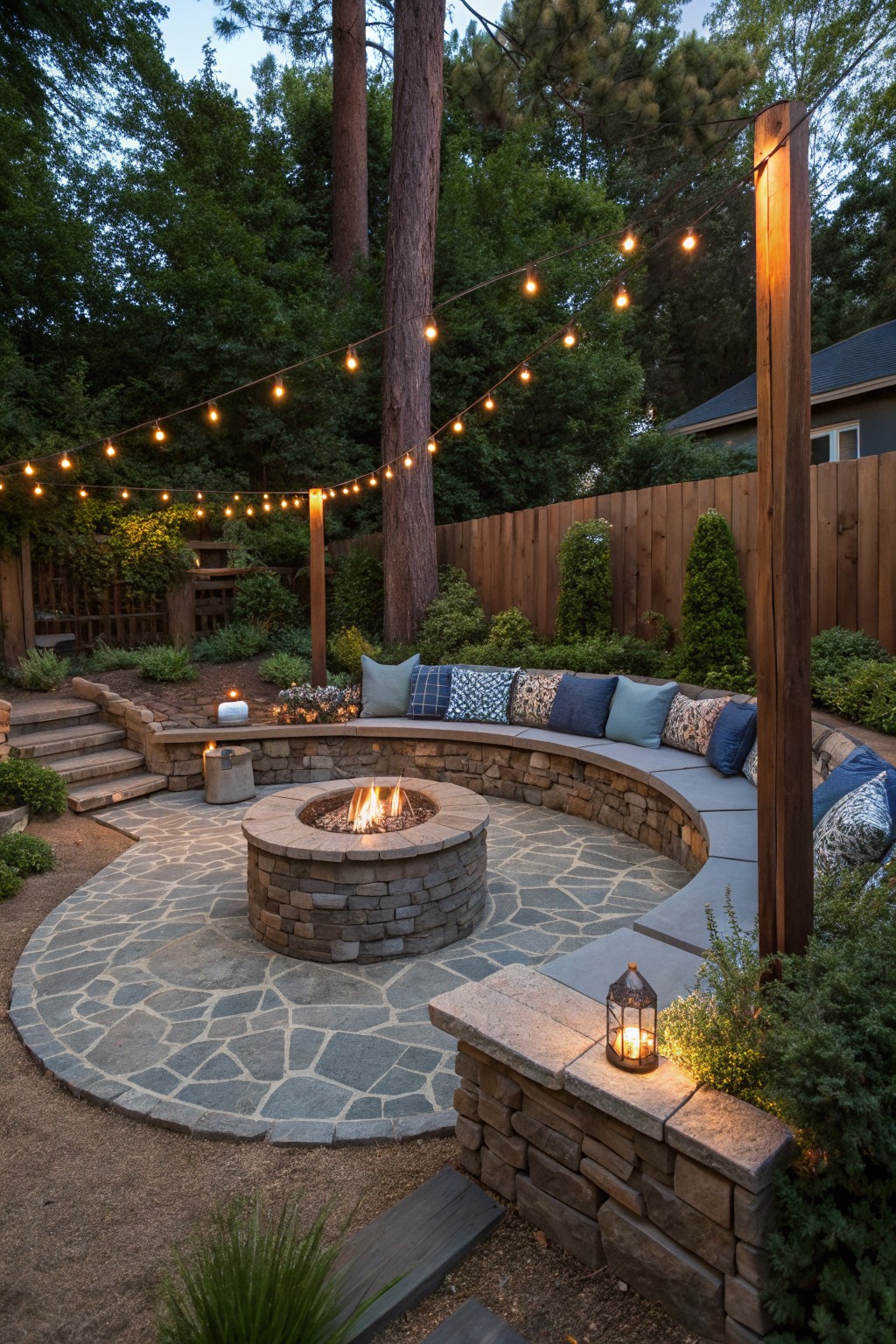 A backyard patio with a round stone fire pit at the center, surrounded by a curved built-in bench with cushions, string lights overhead, and trees and fencing in the background.