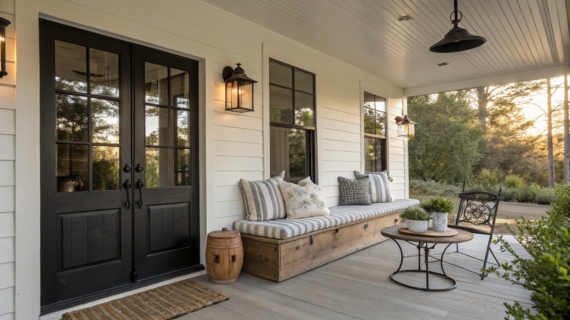 A white farmhouse porch with a wooden bench holding striped pillows and a throw, black lanterns, a black door, and potted plants.