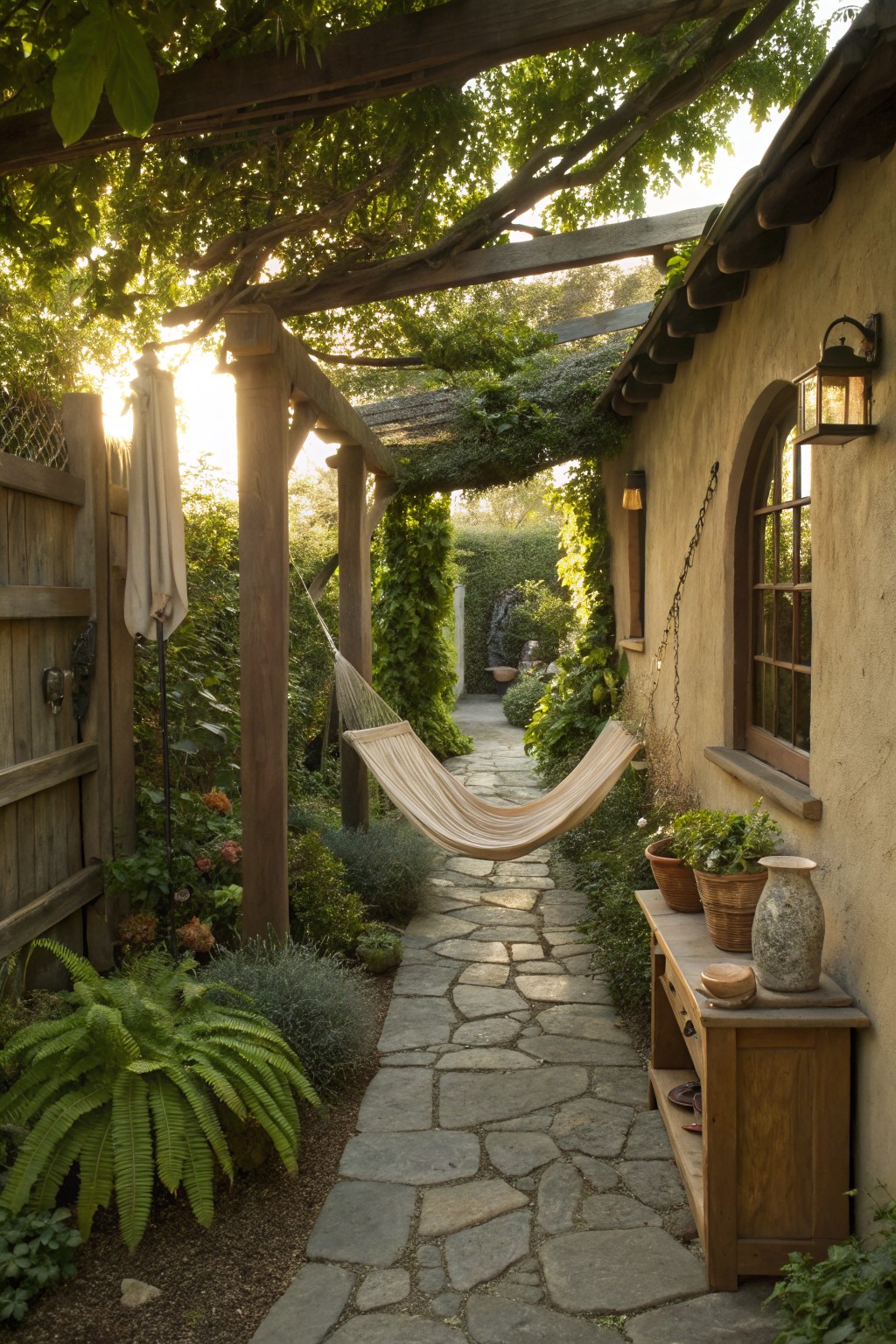 A light-colored hammock hangs between wooden posts on a stone path next to a stucco house under a vine-covered pergola.
